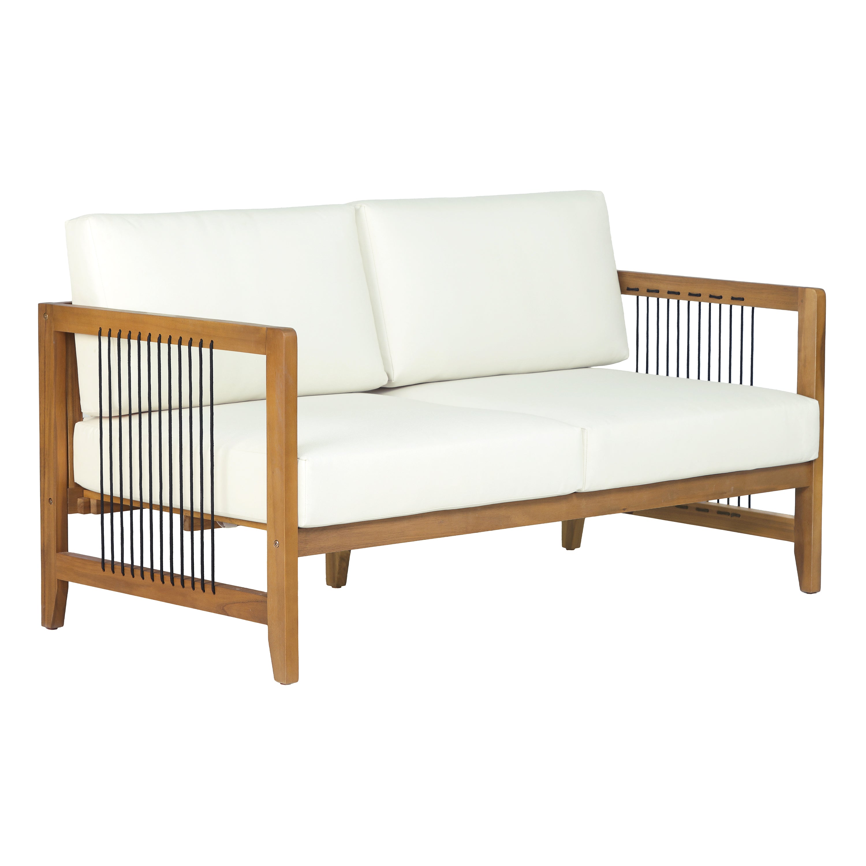 Sierra Acacia Wood Outdoor Loveseat with Handwoven Rope, Patio 2-Seater Sofa with Removable Cushions