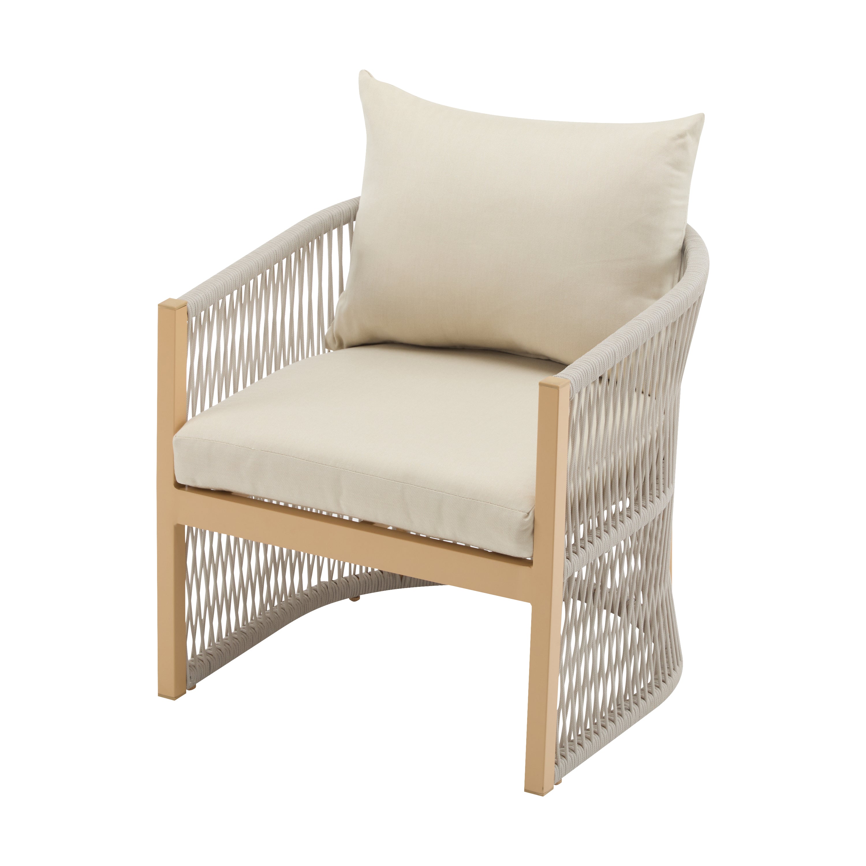 Modern Beige Curved Aluminum Lounge Chair with Stylish Rope-Weave Design and Cushioned Comfort