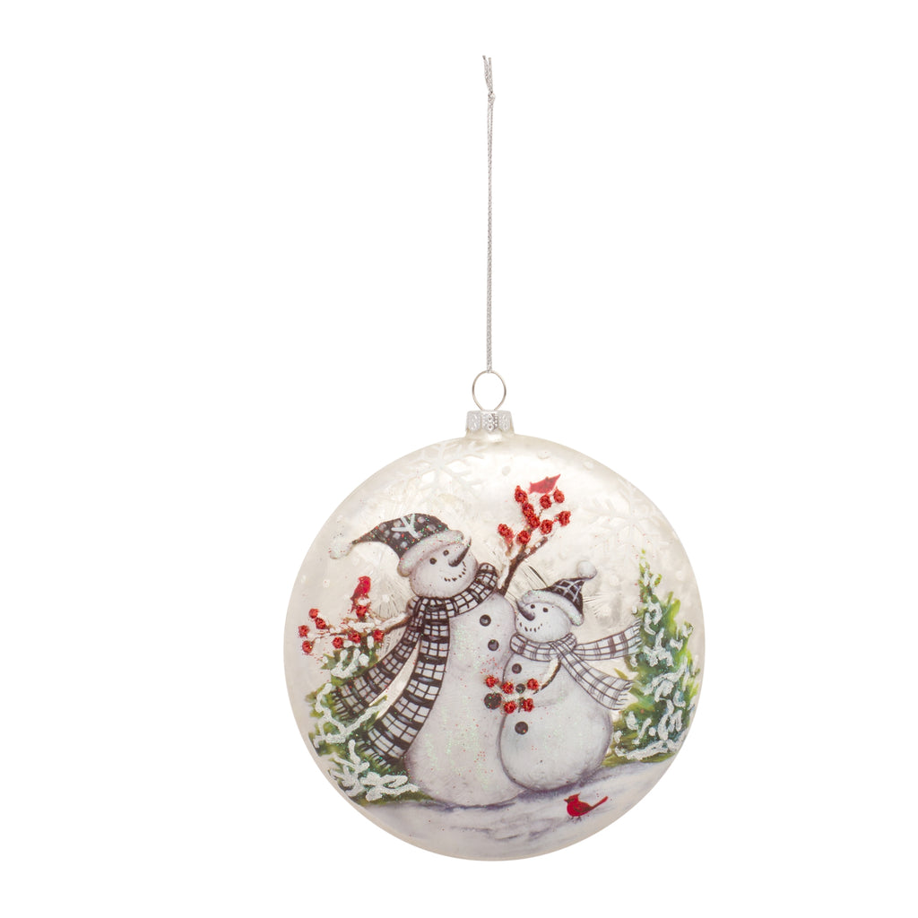 Whimsical Snowman Disc Ornament with Snowy Cardinal Scene (Set of 6)