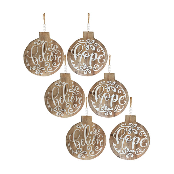 Wood Believe and Hope Sentiment Ornament with Bead Hanger, Set of 6