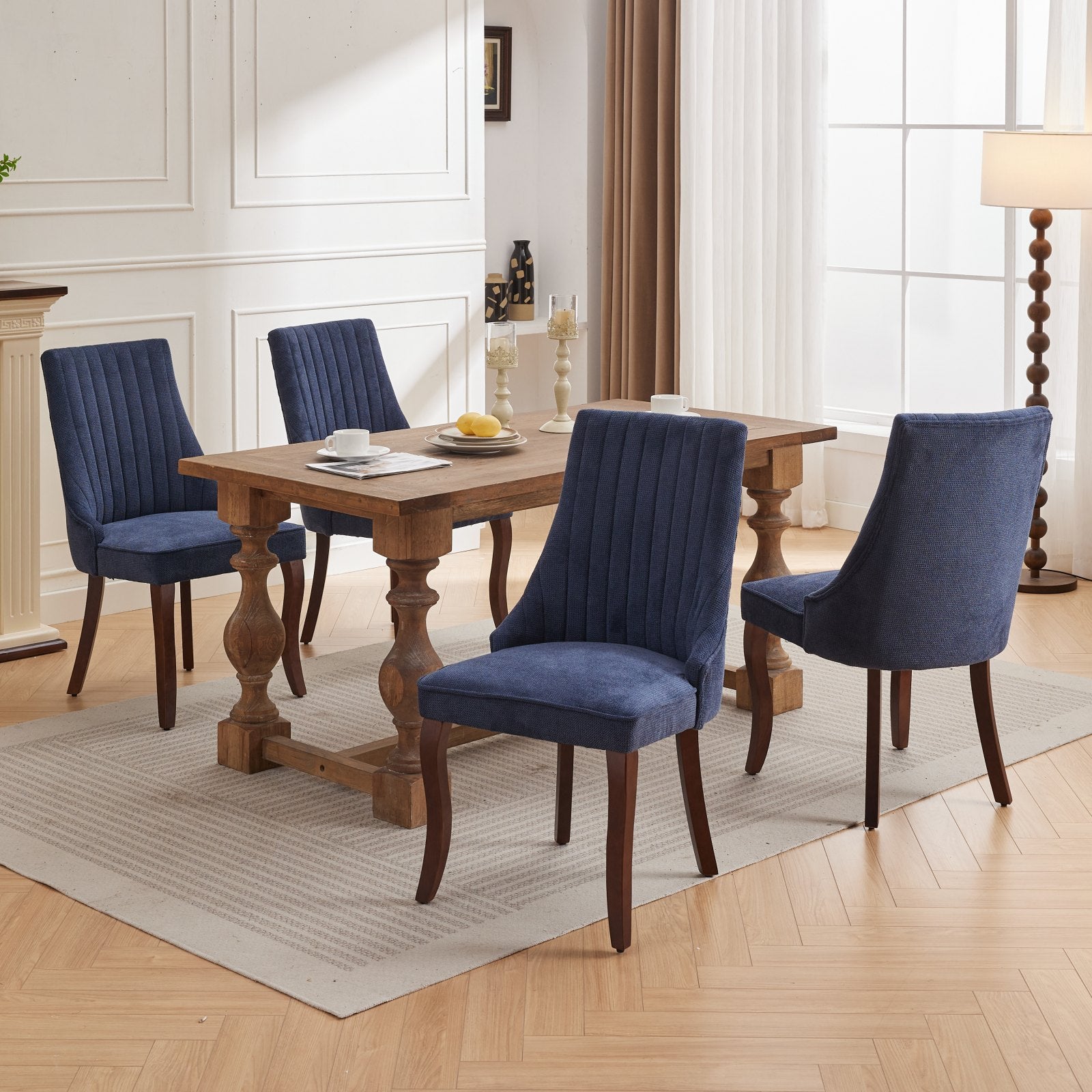 Rayon Cloth Flocking Linen Dining Chairs Channel Kitchen Dinner Chair Comfy Fabric Upholstered Accent Chair for Dining Room with Curved Solid Wood Legs,Set of 2 (Blue), SW1847BL