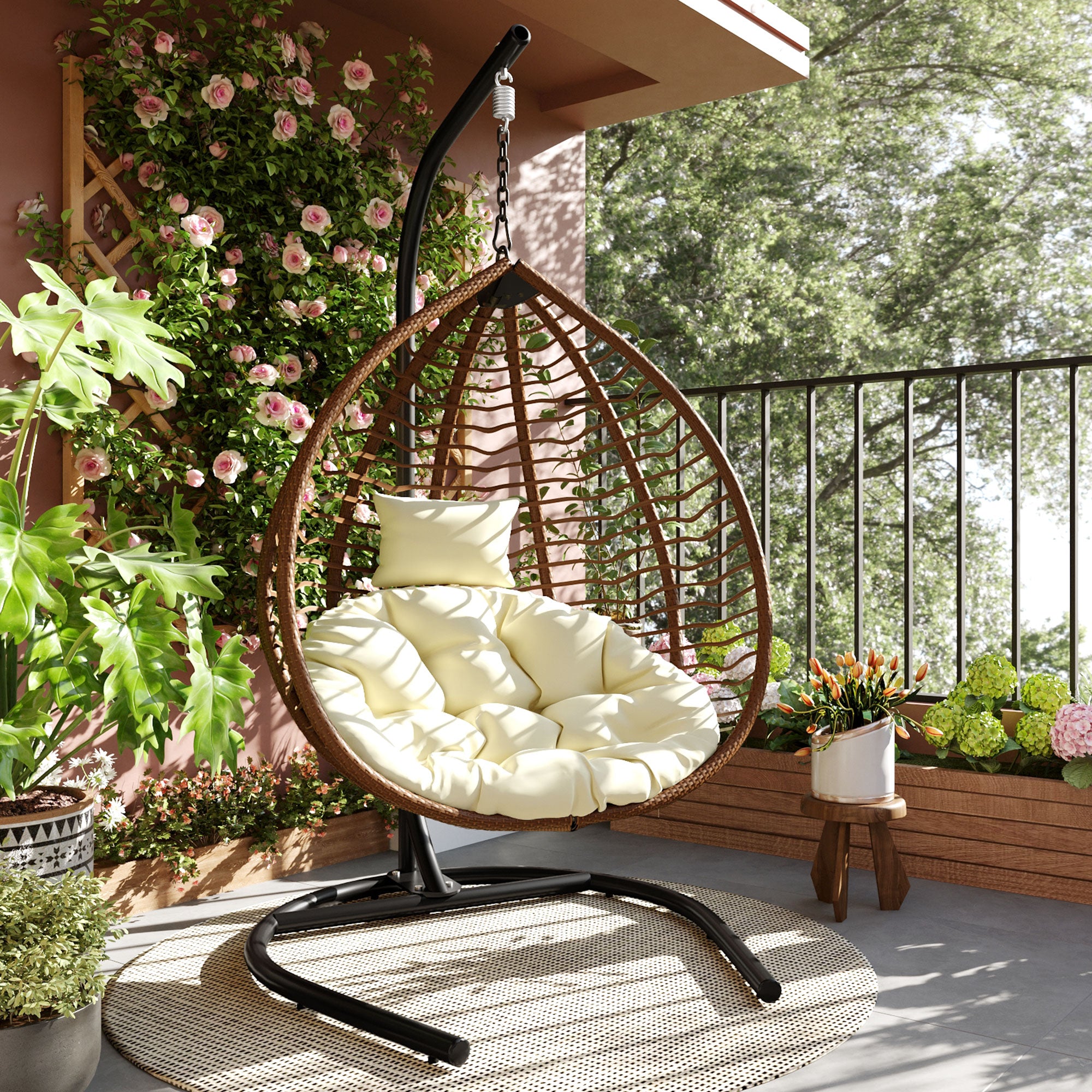 Foldable Rattan Egg Swing Chair with Iron Frame, Plush Cushion & Removable Headrest