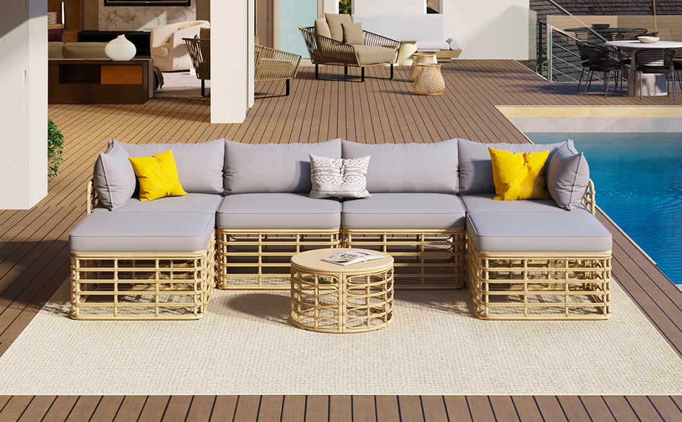 Evoking 7-Piece Outdoor Sectional Set with Hollow Woven Design and Pillows