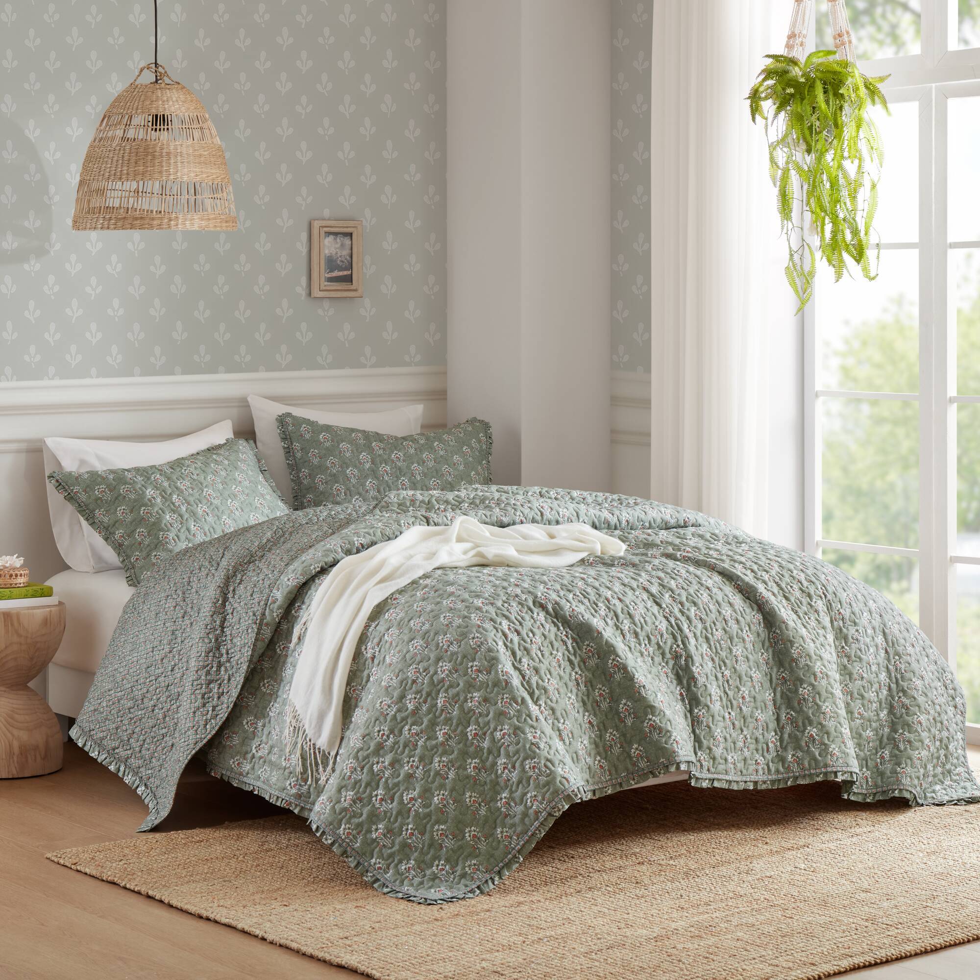 3 Piece Sage Green Ruffle Printed Quilt Set