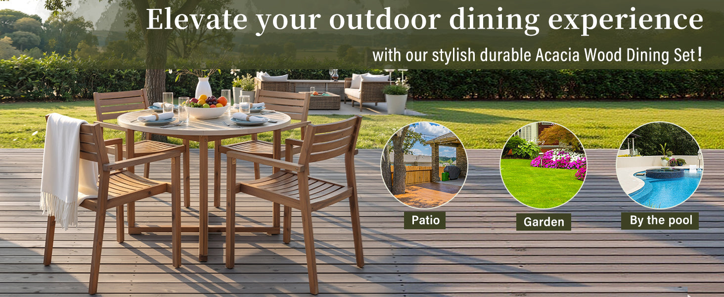 U_STYLE 5-Piece Outdoor Dining Set with 4 Acacia Wood Chairs,47.2" Round Dining Table with Slatted Design, Ideal for Patios, Gardens, Poolsides, and Lawn Areas & Indoor