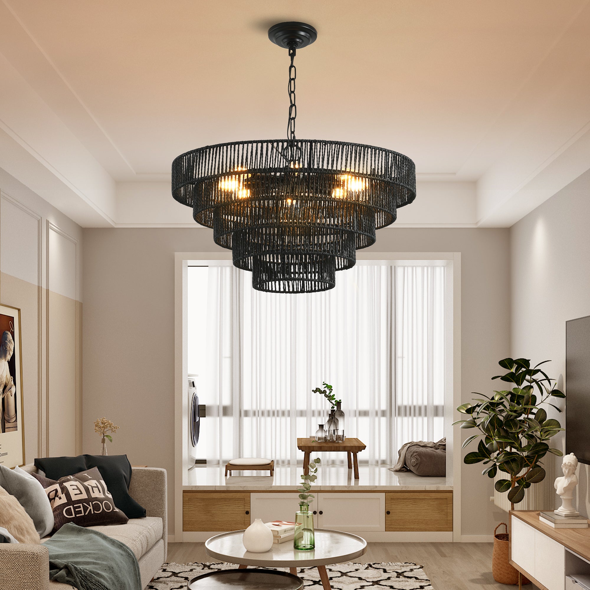 24" Modern 5-Layer Woven Rope Chandelier
