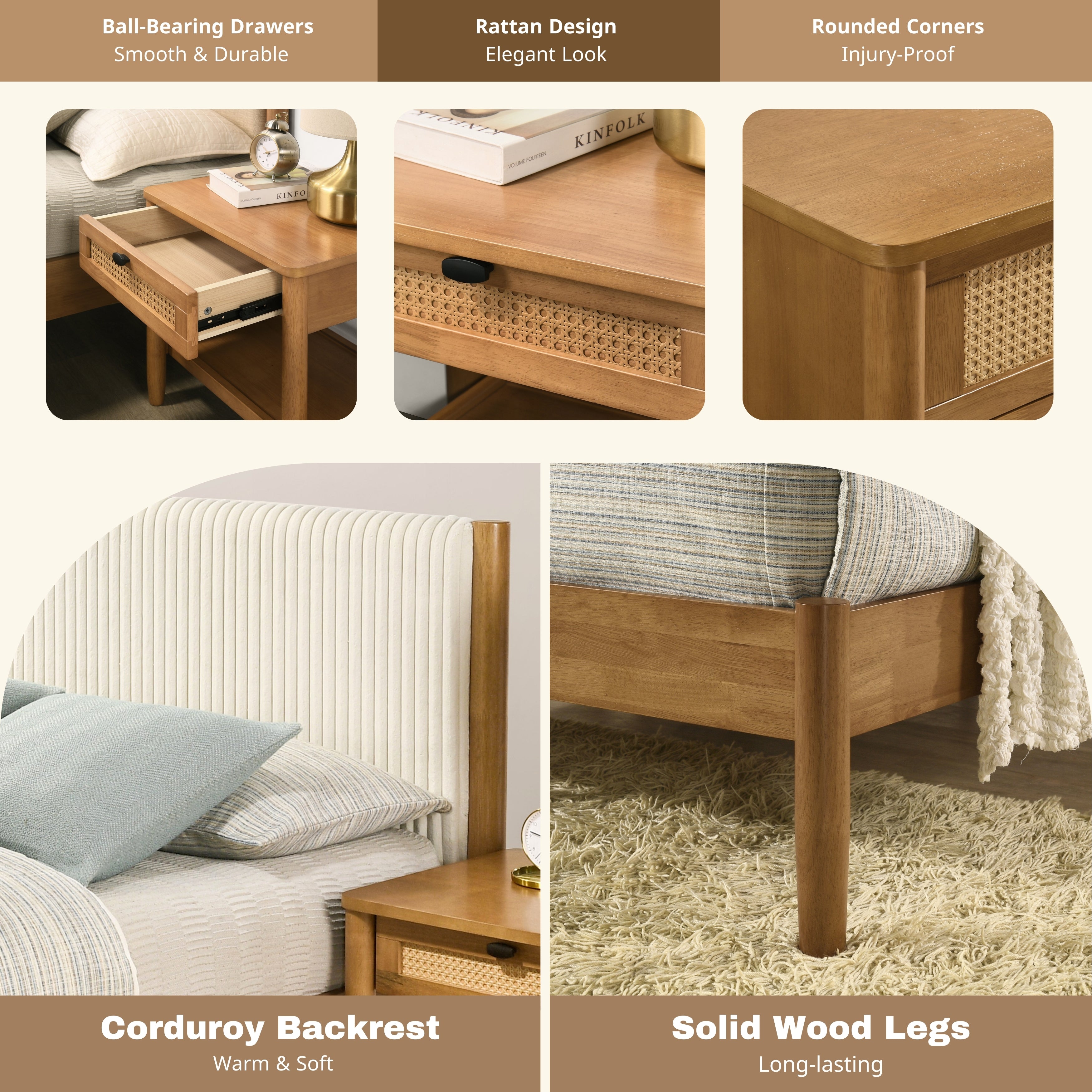 Vichy 2-Piece Rubberwood Corduroy Queen Bedroom Set