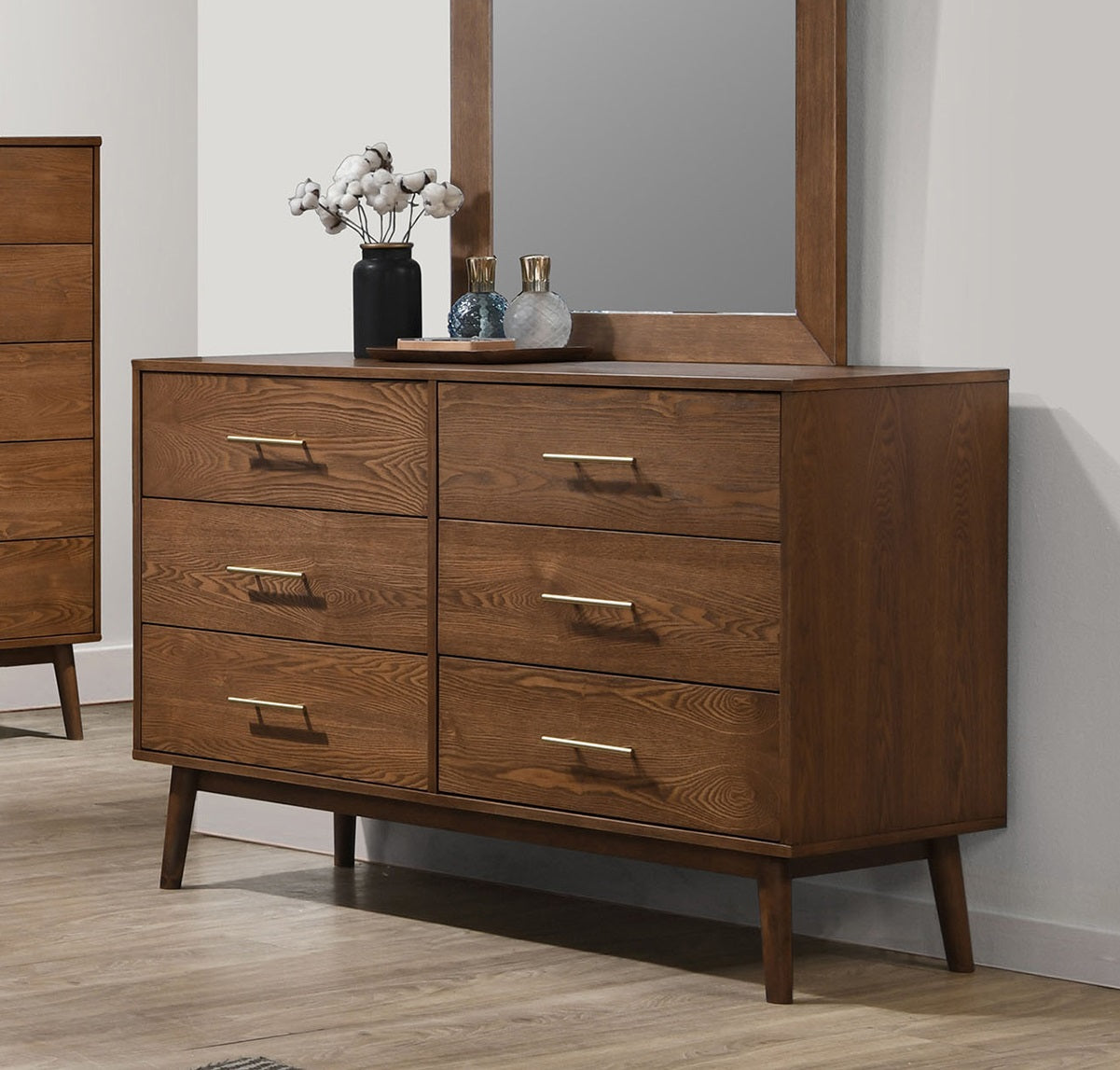 Walnut Dresser with Nickle Bar Pullsand Round Tapered Legs