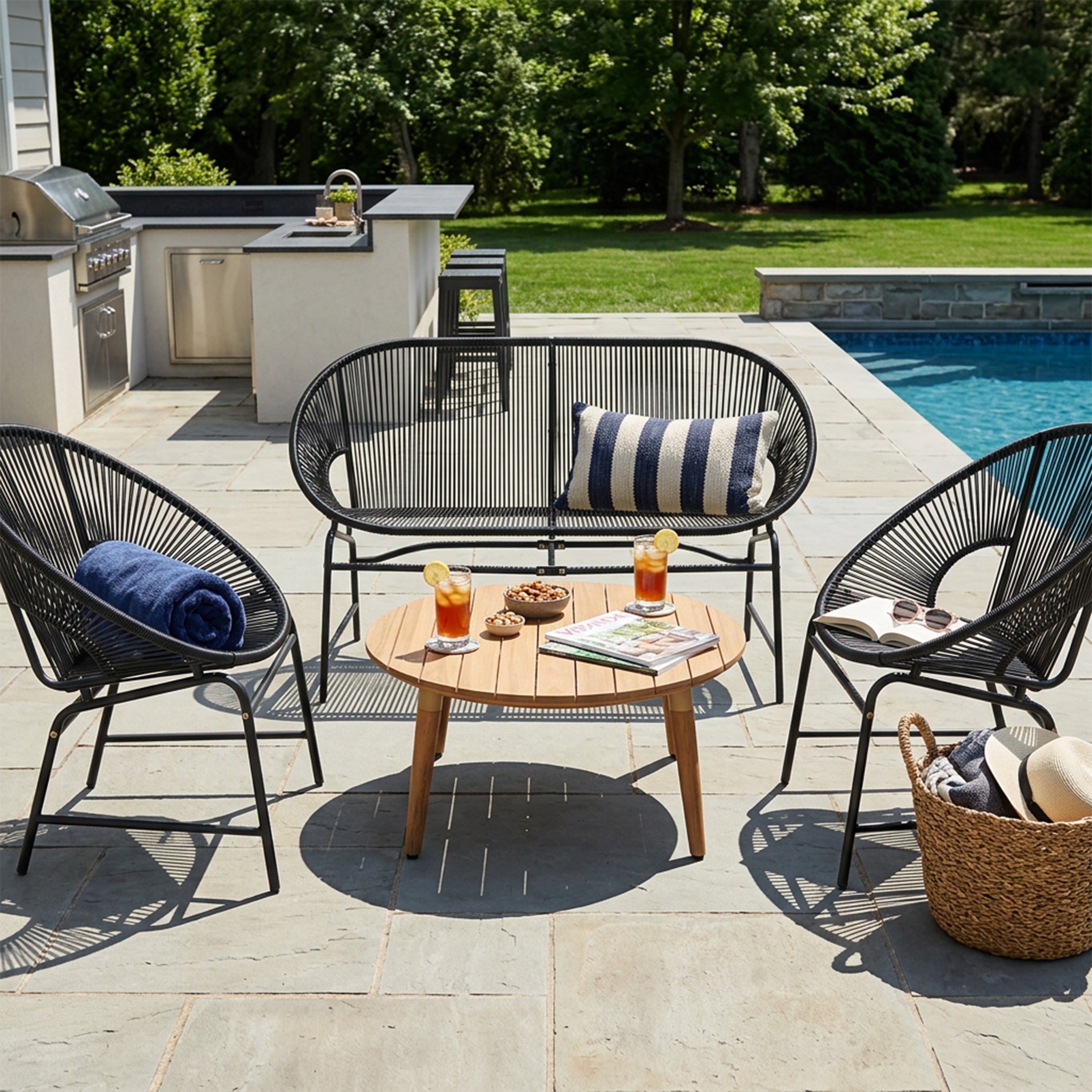 NUSA OUTDOOR PATIO 4-PCS CHAT SET, TEAL PE RATTAN & IRON FRAM FURNITURE, ACACIA WOOD TABLE
