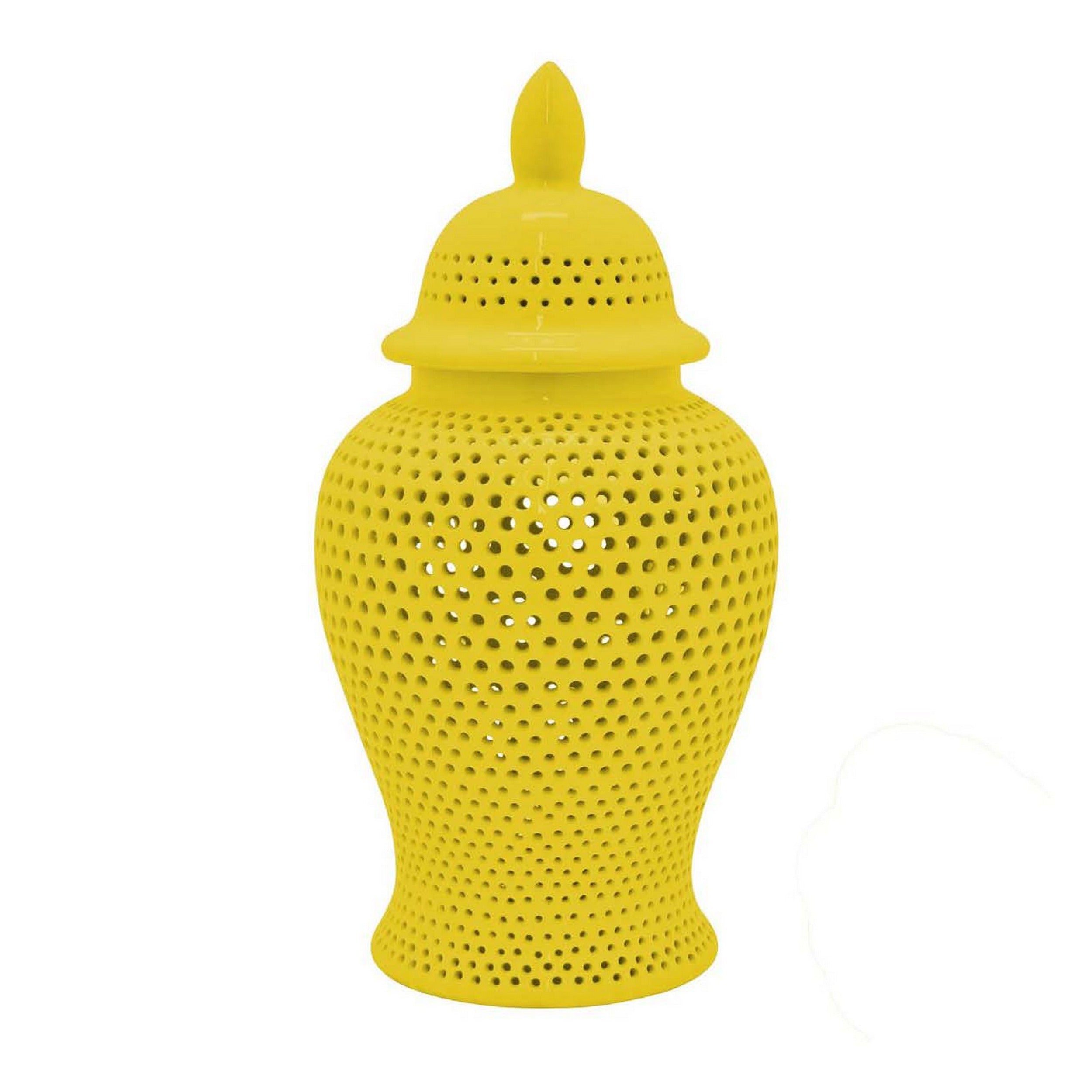 Deni Yellow Carved Cutout Lattice Lidded Ginger Jar