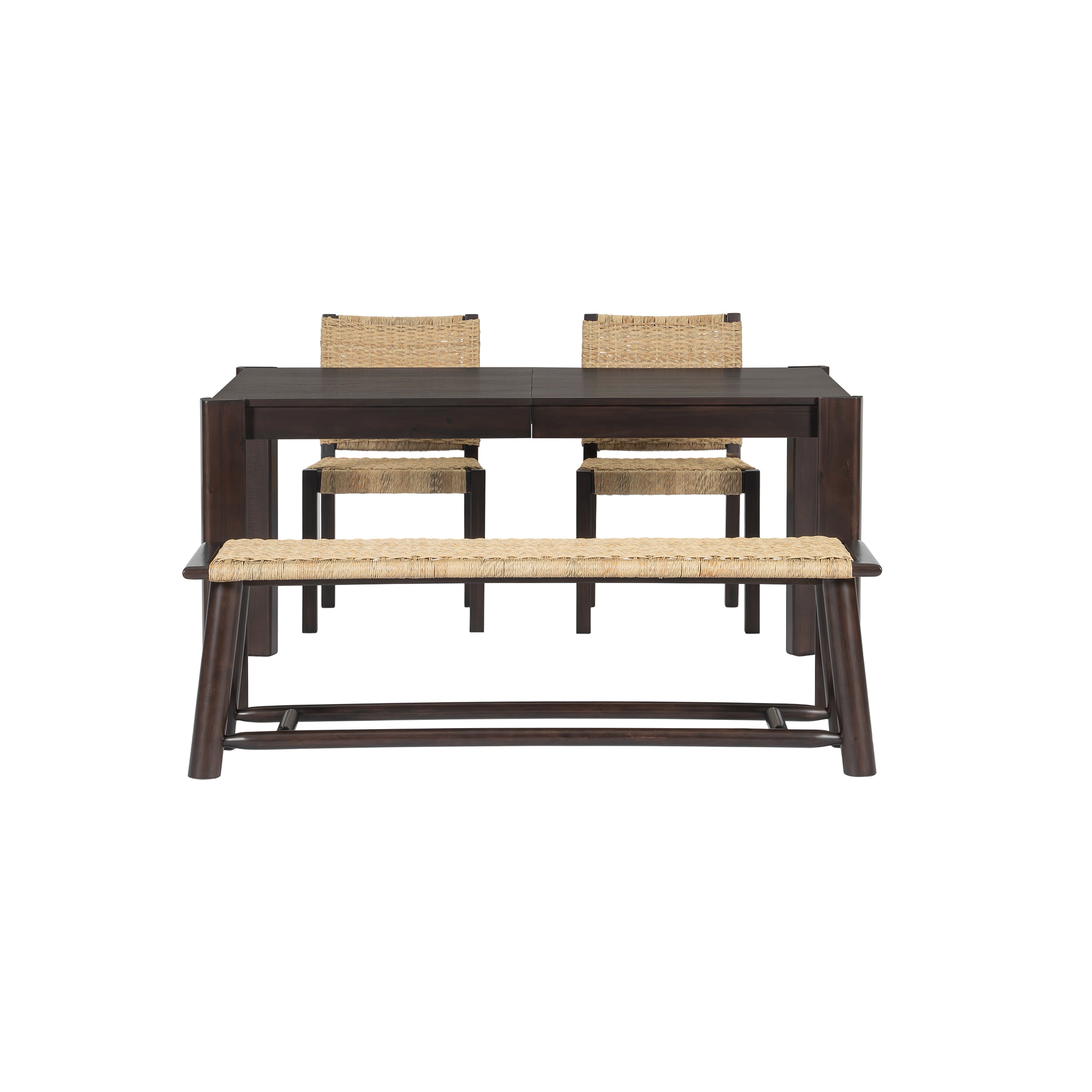 Modern Farmhouse Extendable Dining Table Set with Solid Wood Rattan Chairs and Bench