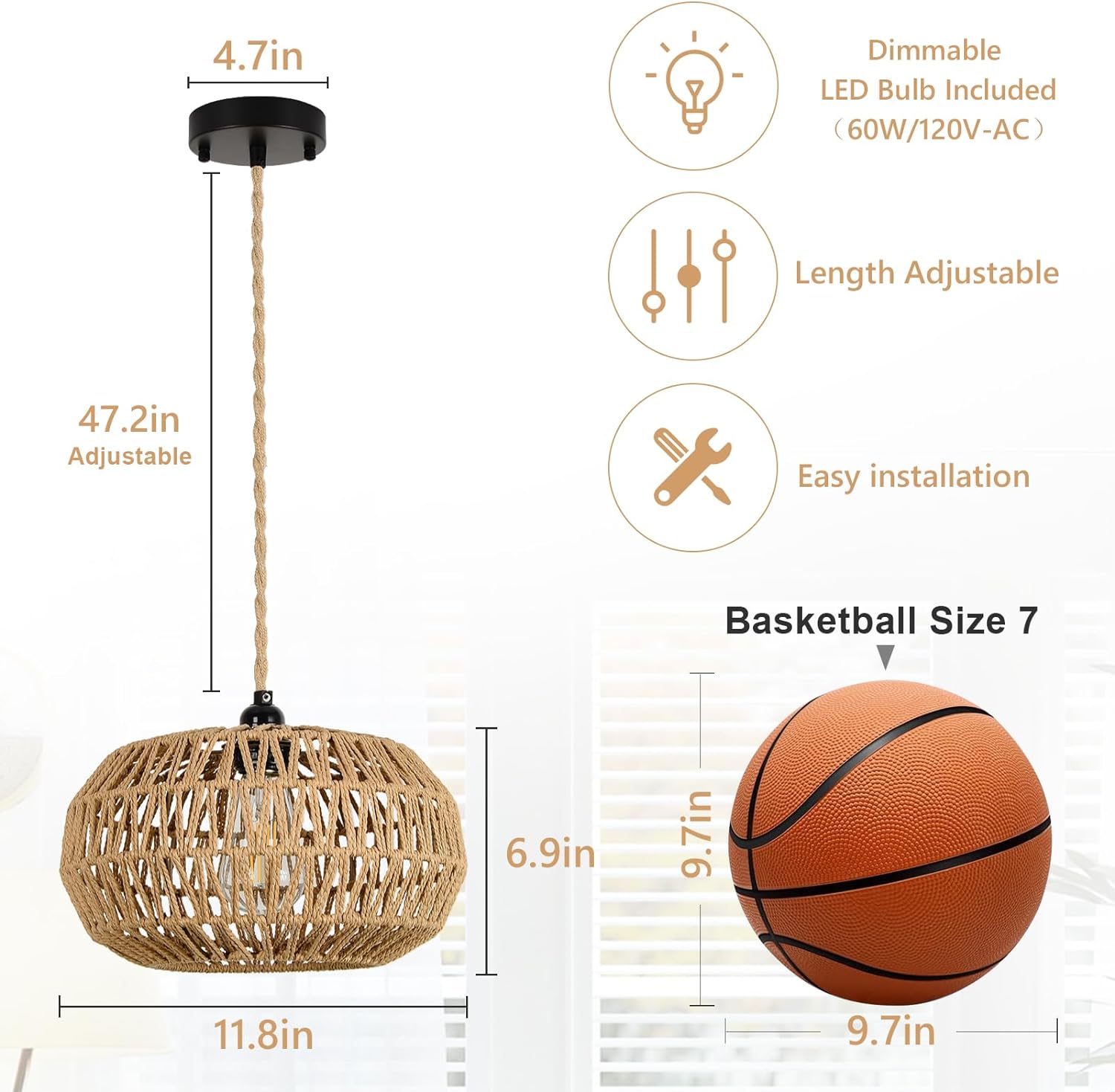 Pendant Light with Rope Cage Basket and Adjustable Height