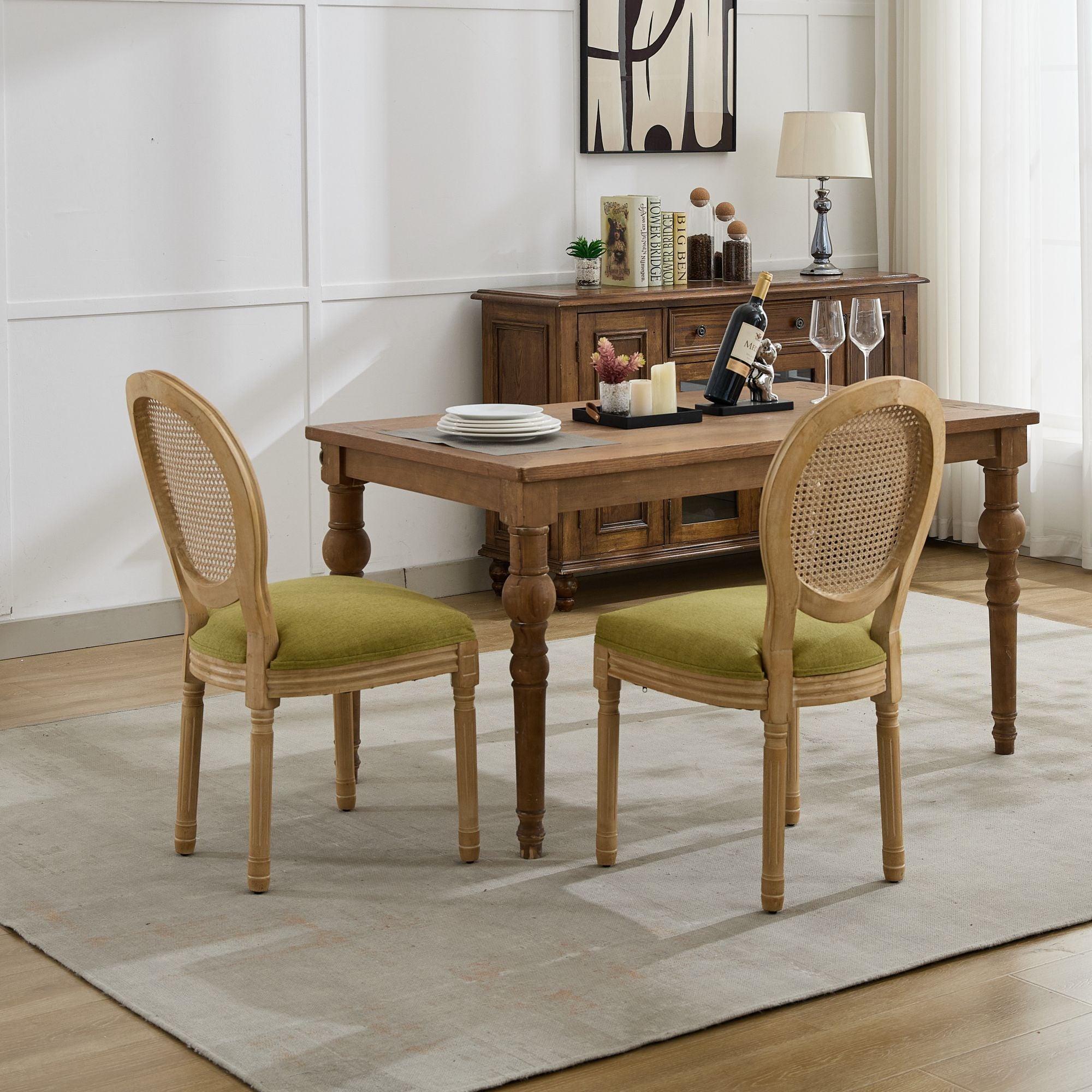 French Country Dining Chairs with Round Rattan Backrest, Set of 2