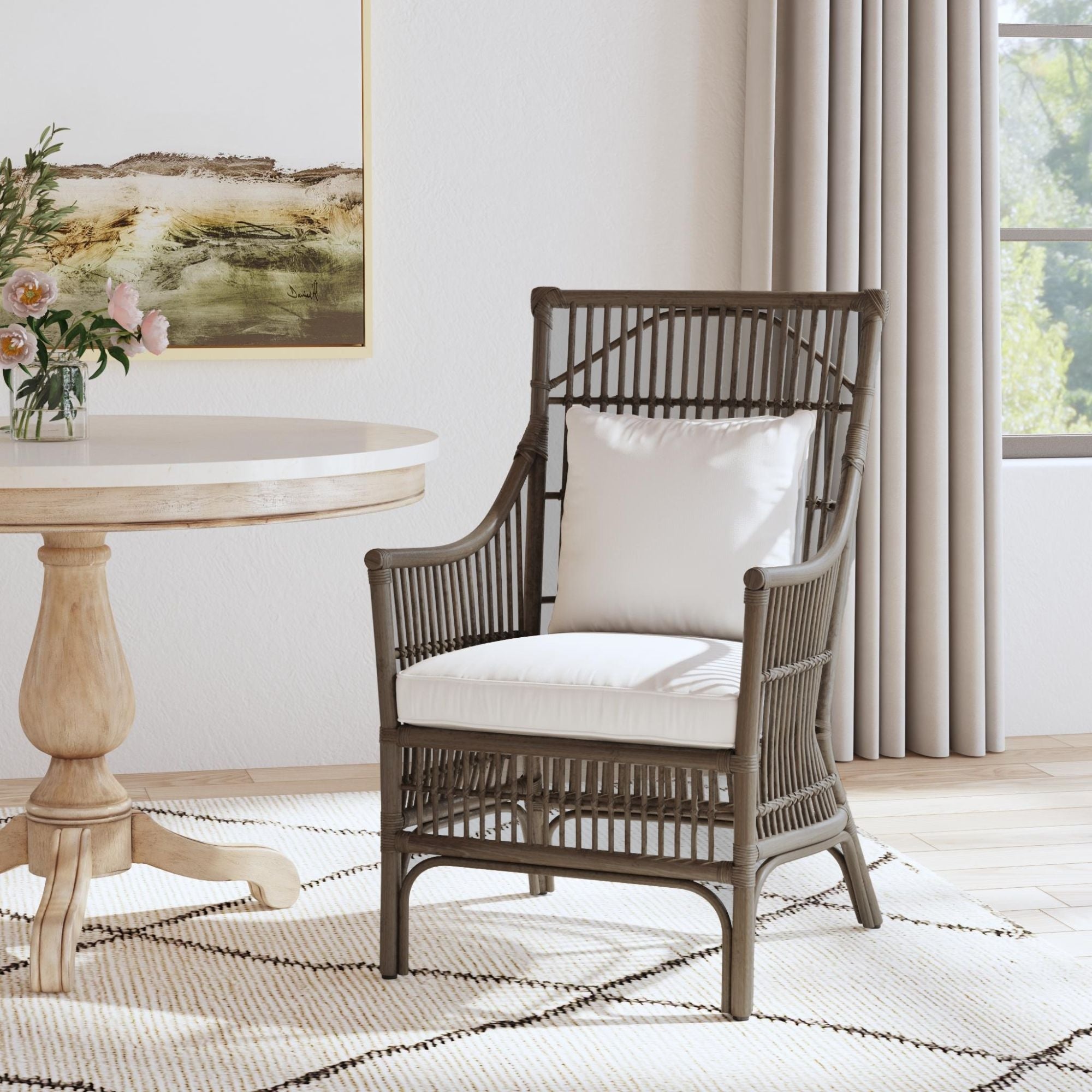 Rattan Slat Back Dining Arm Chair Dark Brown