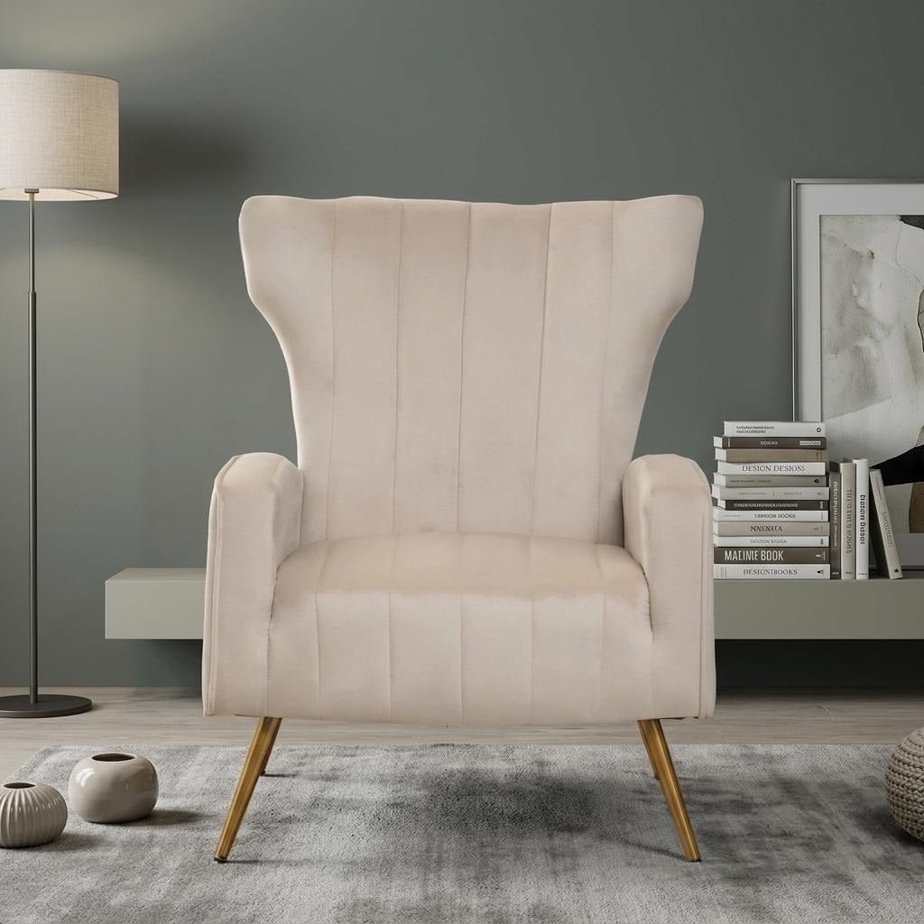 Velvet Accent Chair with Metal Legs, Modern Upholstered Armchair, Wingback Side Chair for Living Room Bedroom Small Spaces