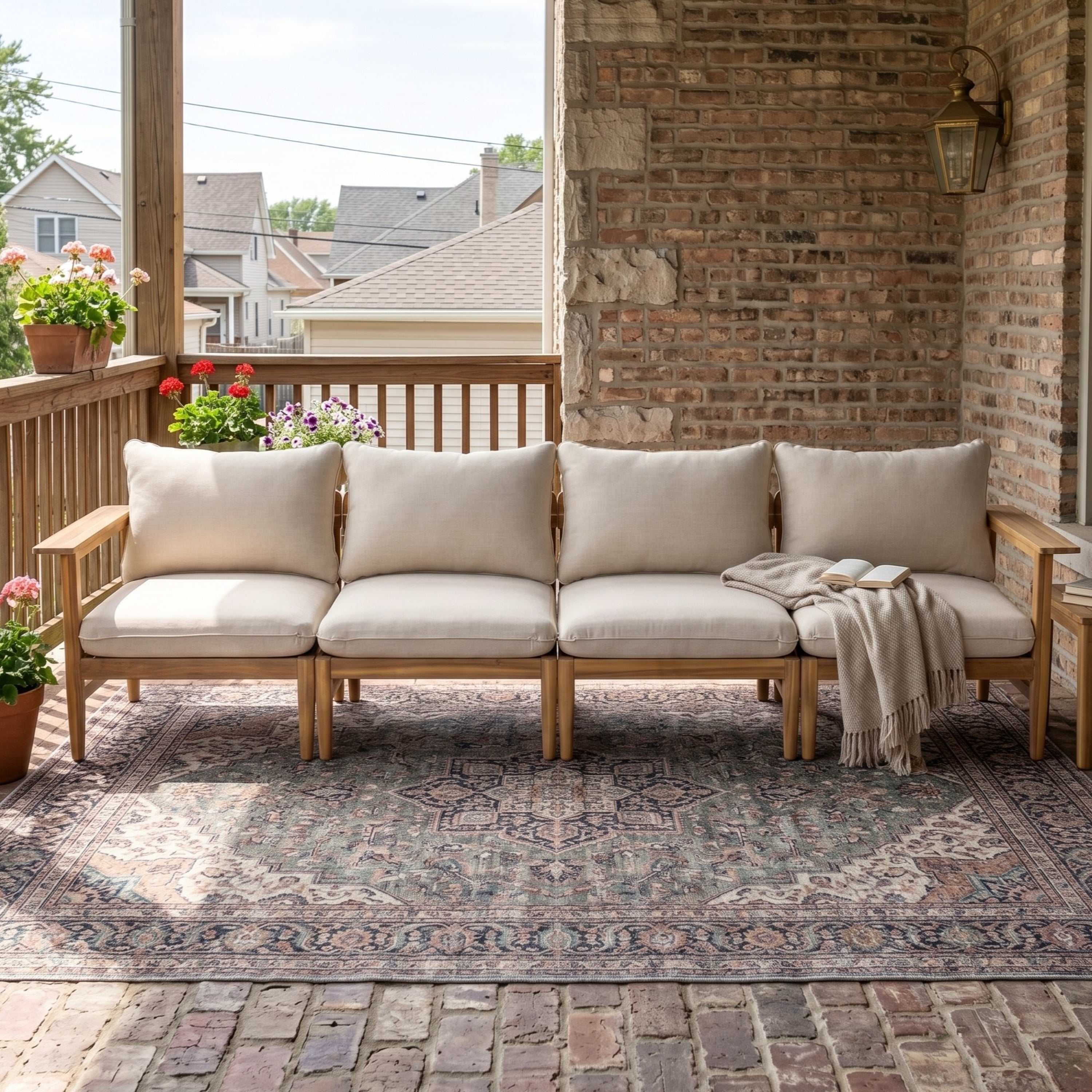 Terassi Outdoor Acacia Wood 4 Seater Sofa, Light Teak Finish with Beige Cushion