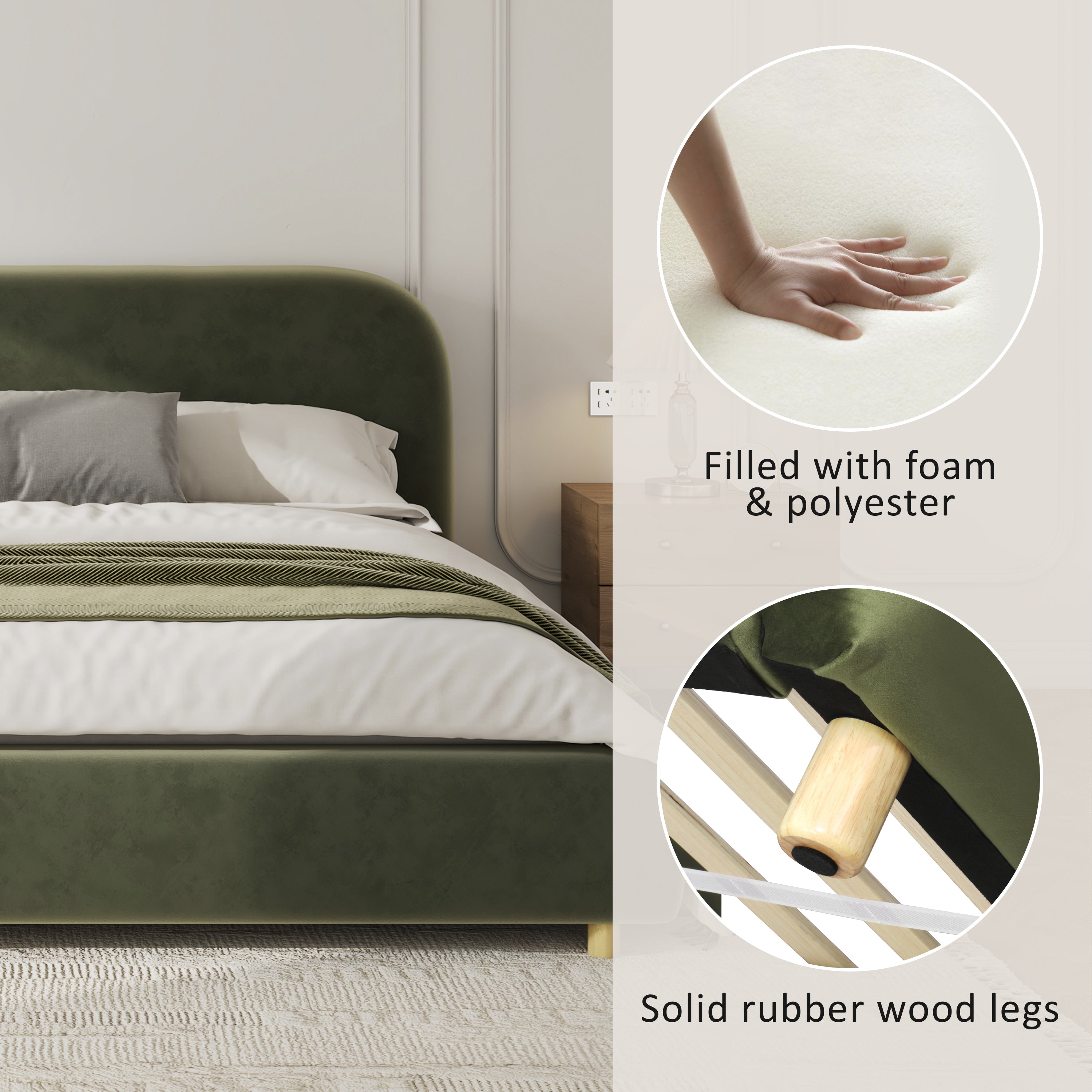 Olive Green Velvet Upholstered Platform Bed with Curve-Shaped Design Headboard