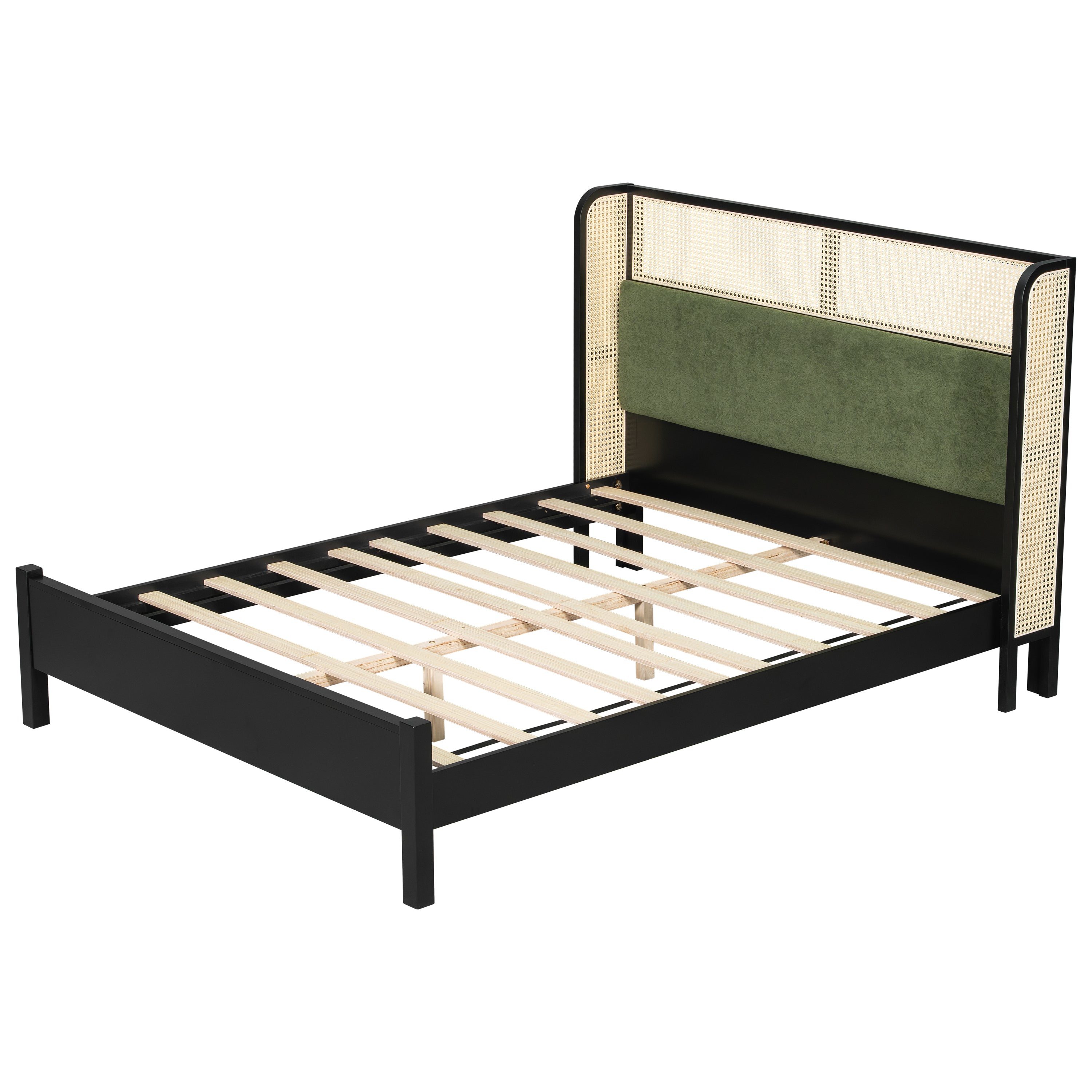 Bed Frame with Solid Wood Headboard, Black with Green