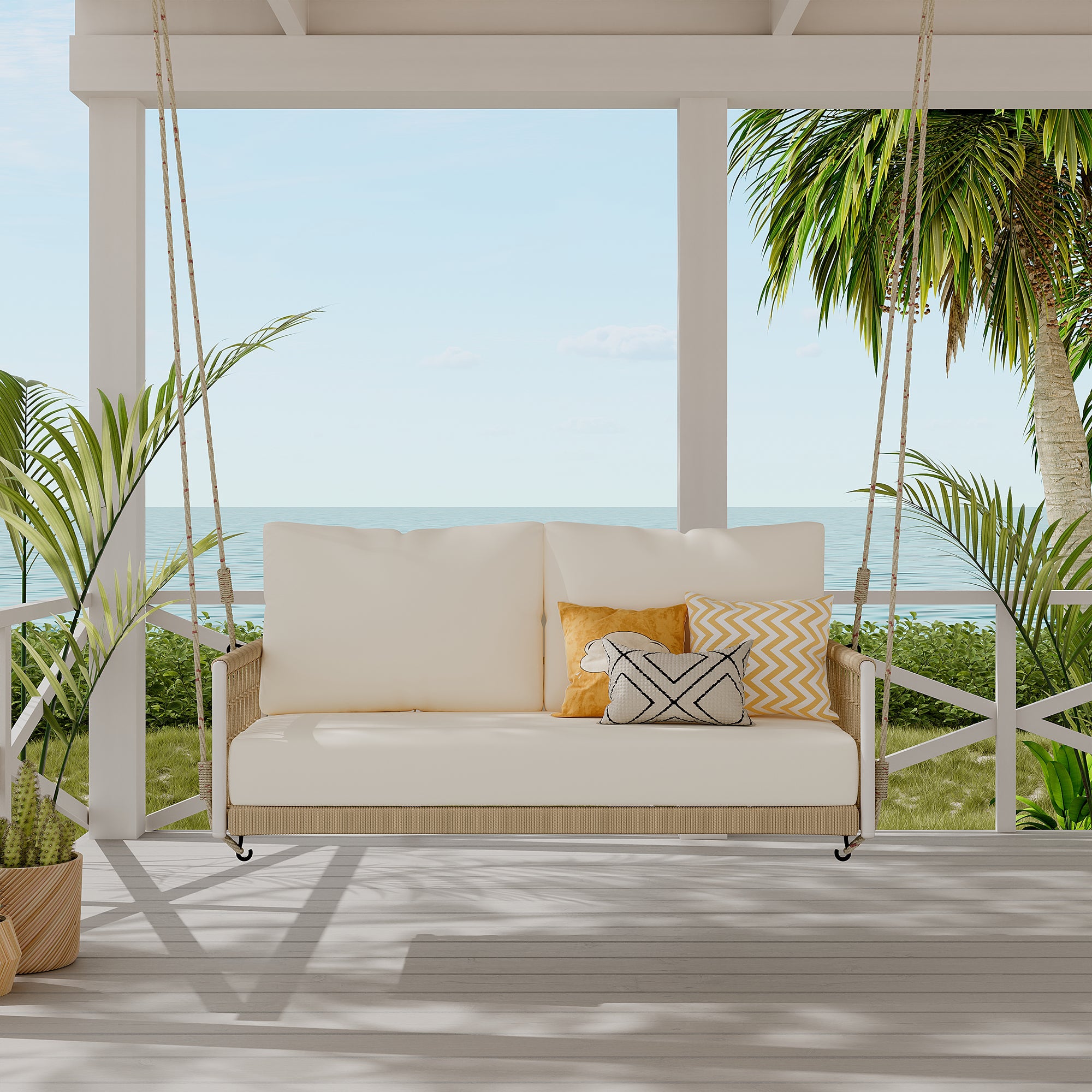 Outdoor Woven Rope Swing Sofa with Iron Frame and Soft Cushions