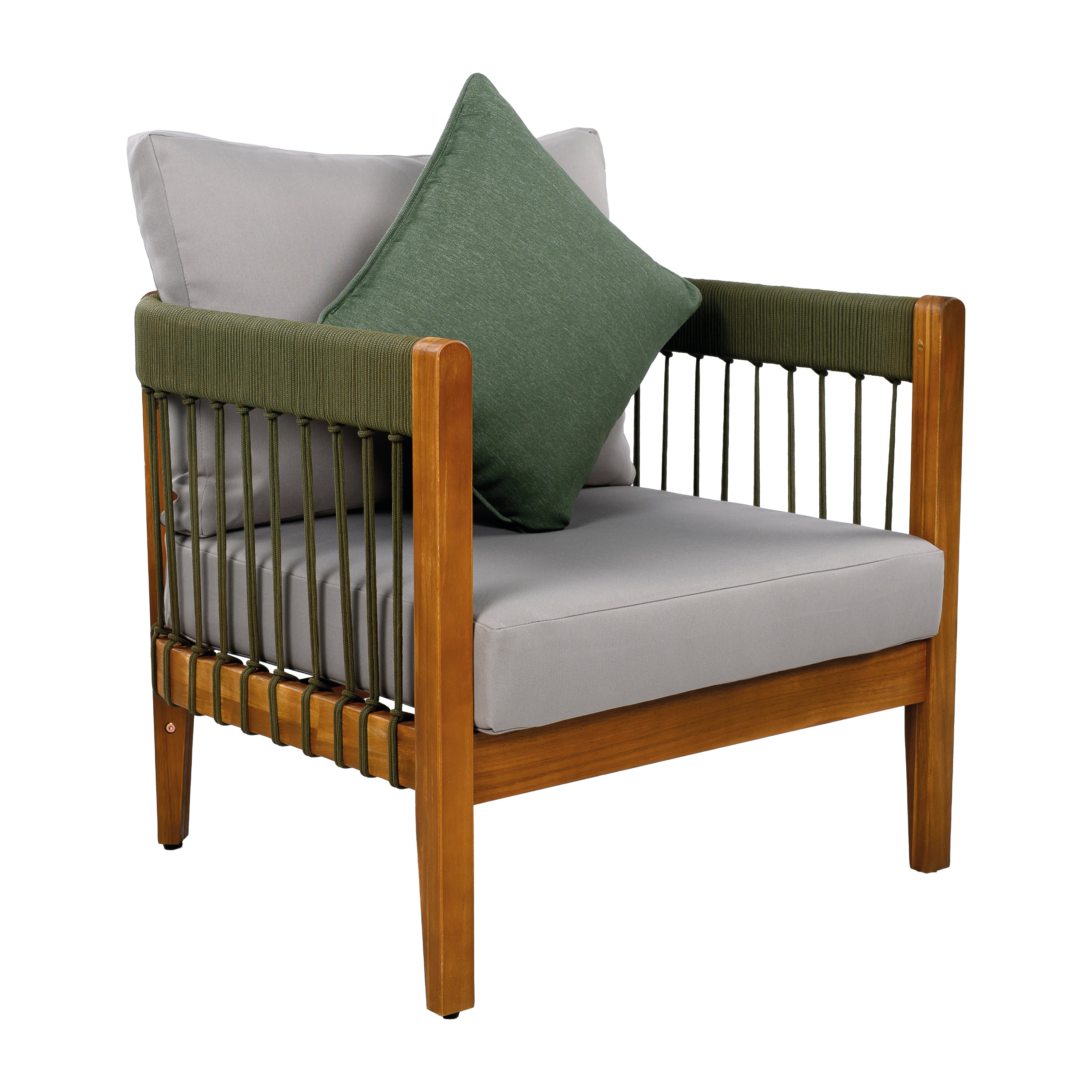 Azari Outdoor Acacia Wood Club Chair with Handwoven Rope Accents & Curved Backrest