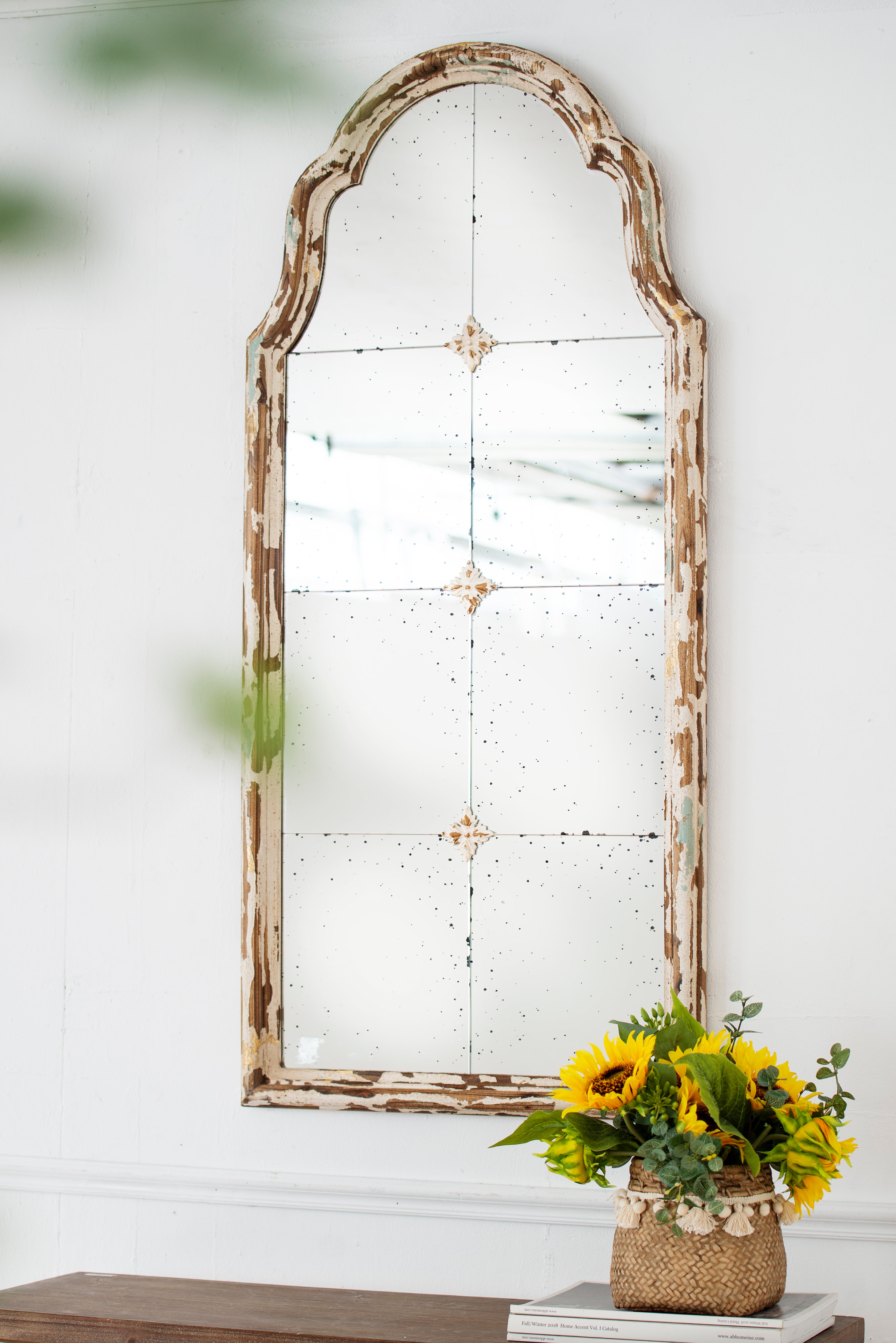 Wood Arched Mirror with 3 Small Medallions