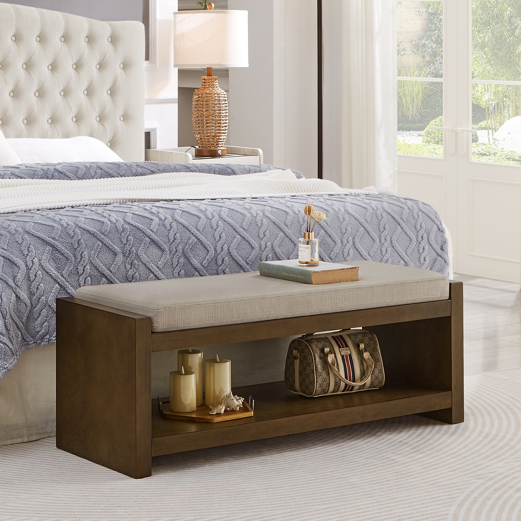 Accent Bench with Lower Shelf Shoe Rack and Padded Seating