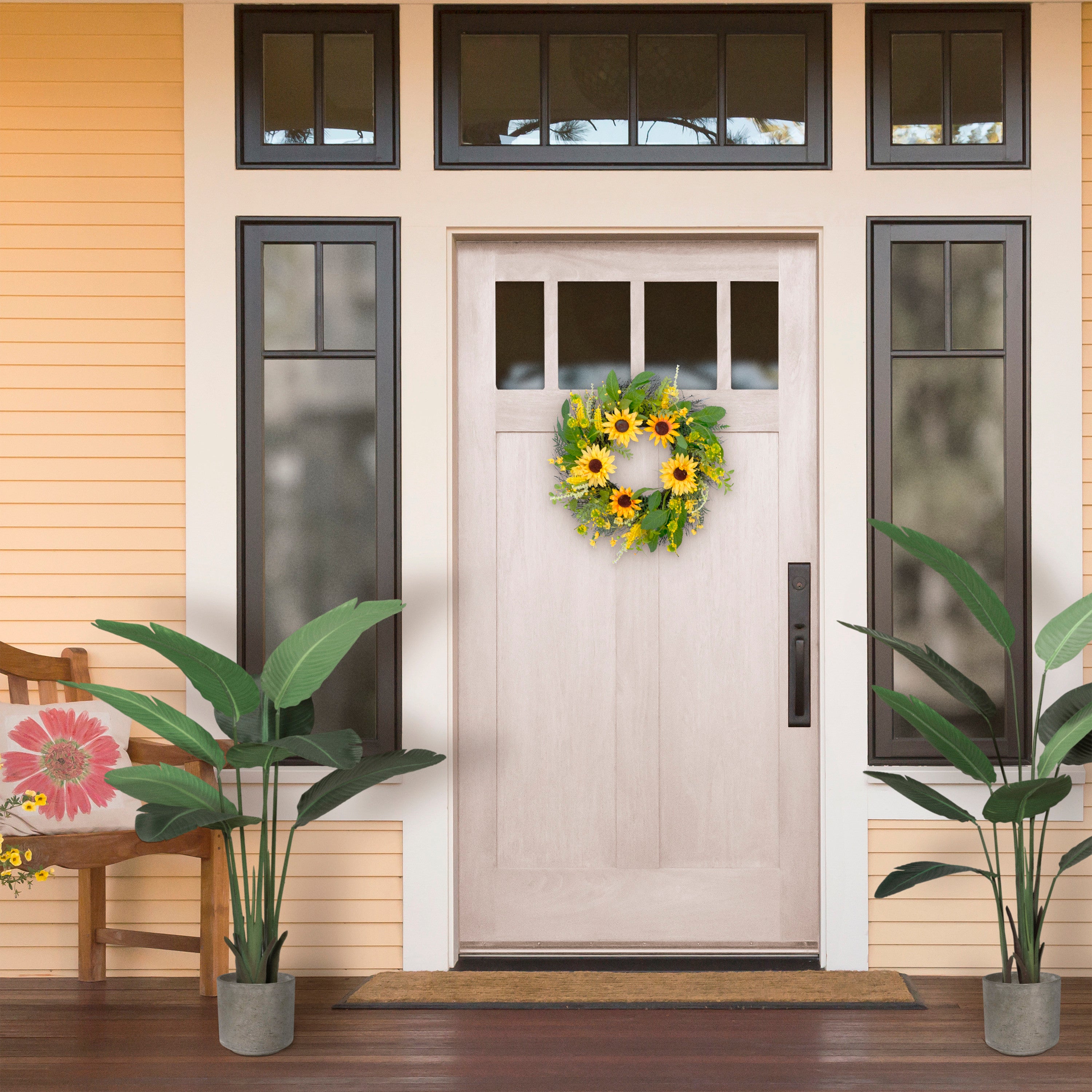 24" Artificial Green and Yellow Sunflower Floral Spring Door Wreath