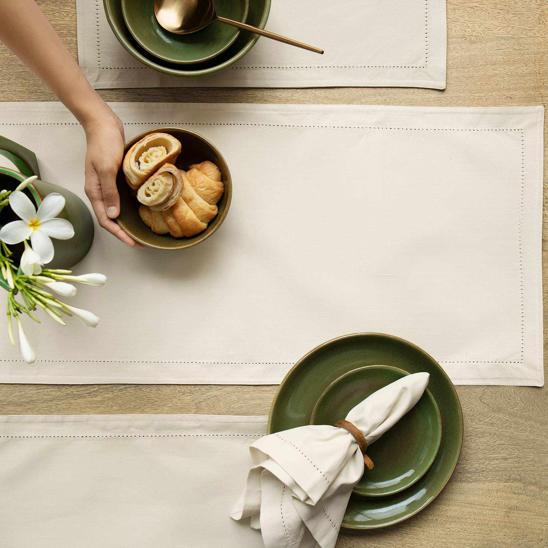 Classic Beige Cotton Border Stitch Table Runner