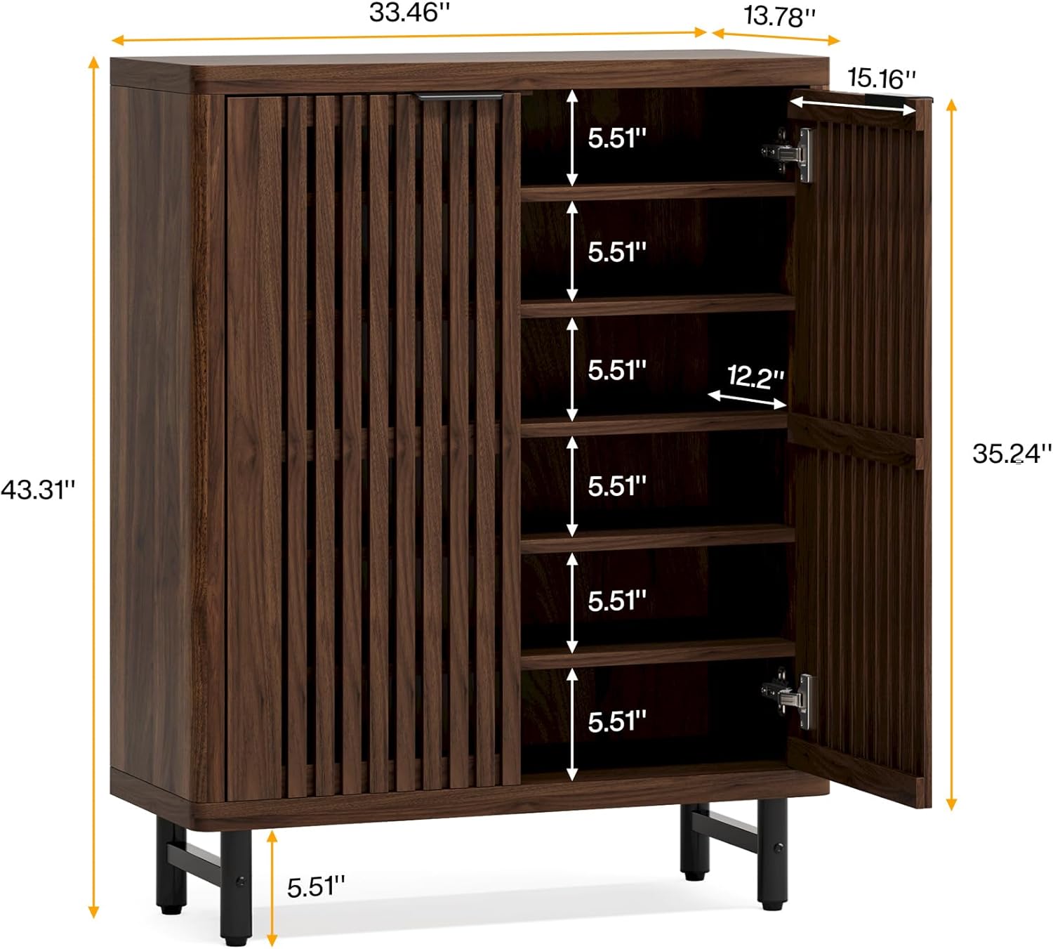 Modern Black Wooden 6-Tier Shoe Cabinet with Louvered Doors