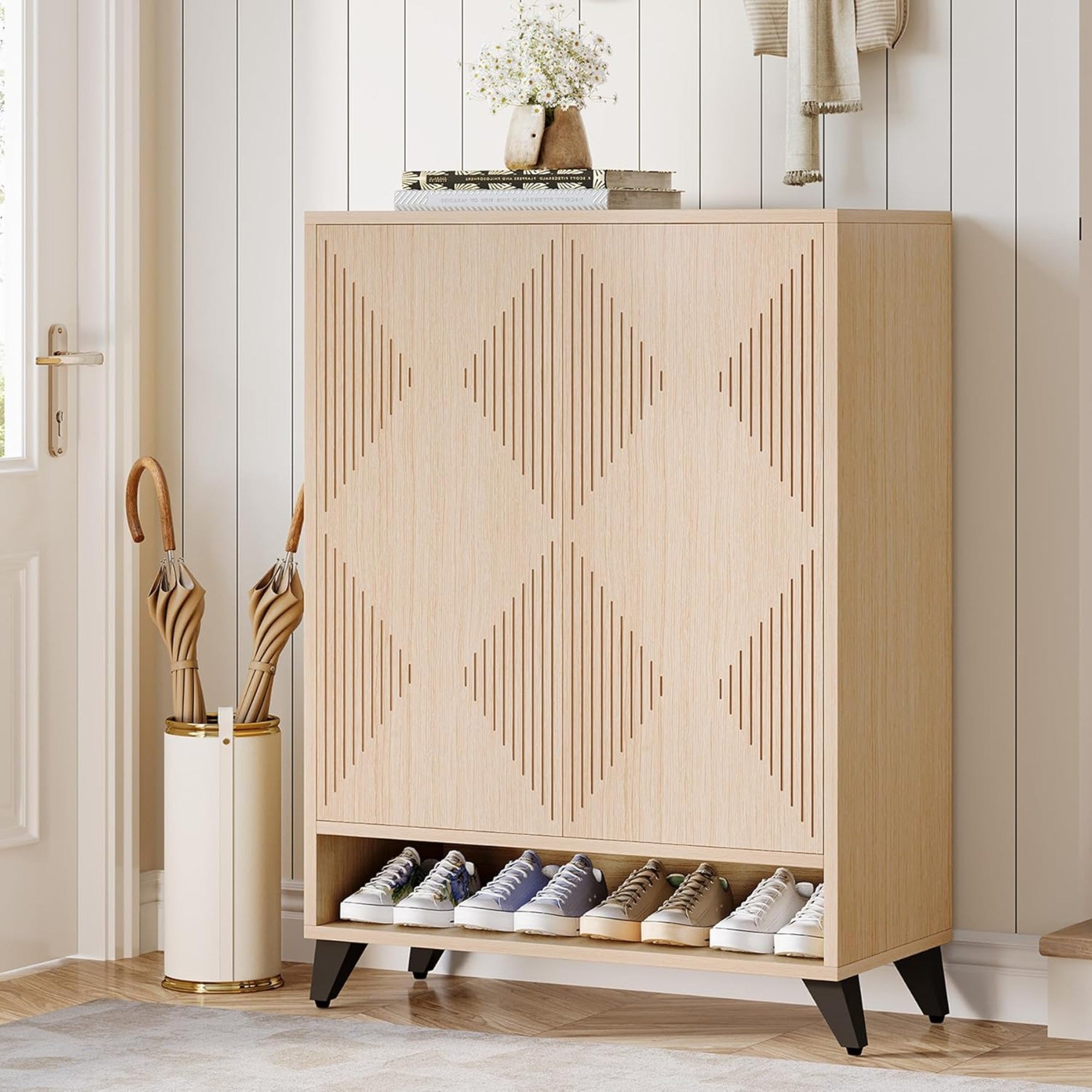 Modern 6-Tier Natural Wood Shoe Cabinet with Geometric Accent Doors