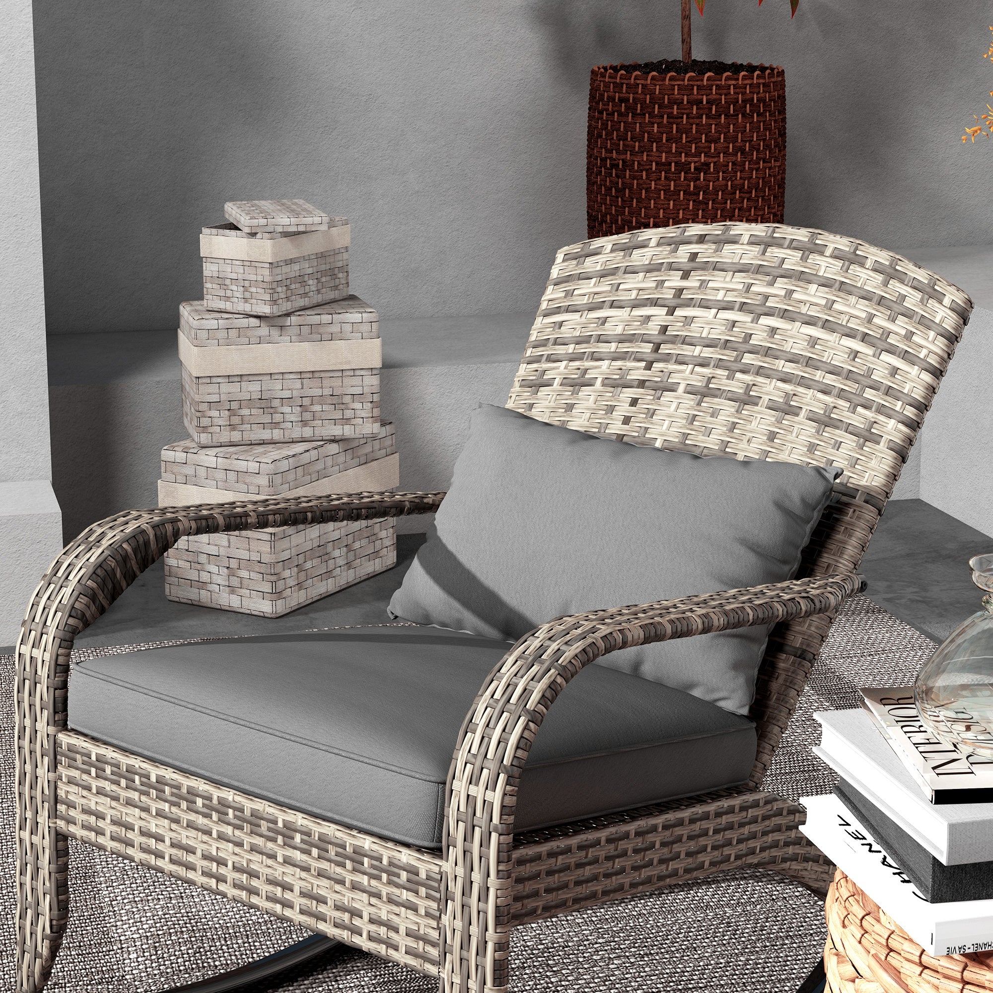 Outdoor Wicker Adirondack Rocking Chair with High Back & Seat Cushion