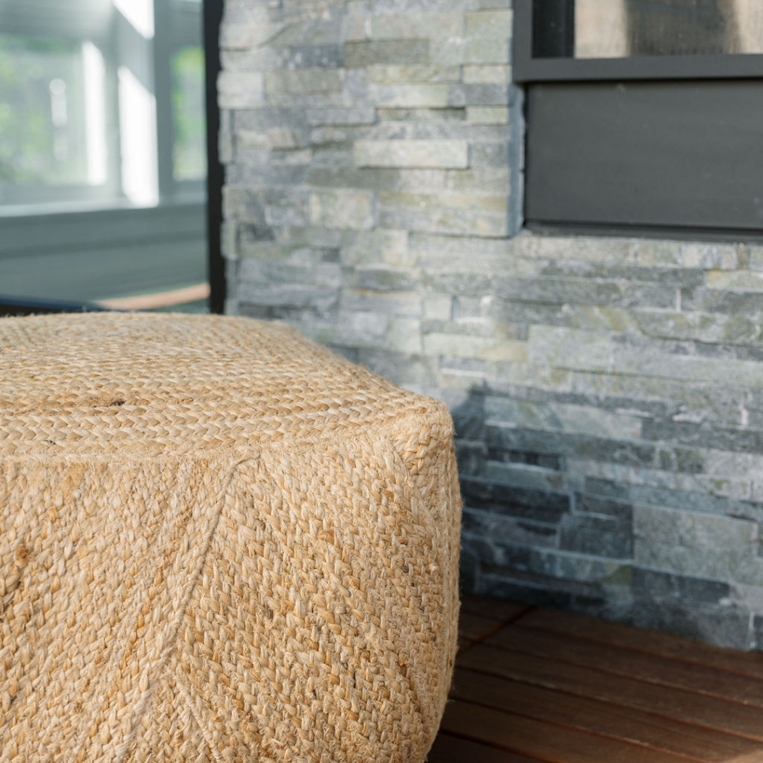Handcrafted Square Braided Jute Ottoman Pouf, 22 x 22 in