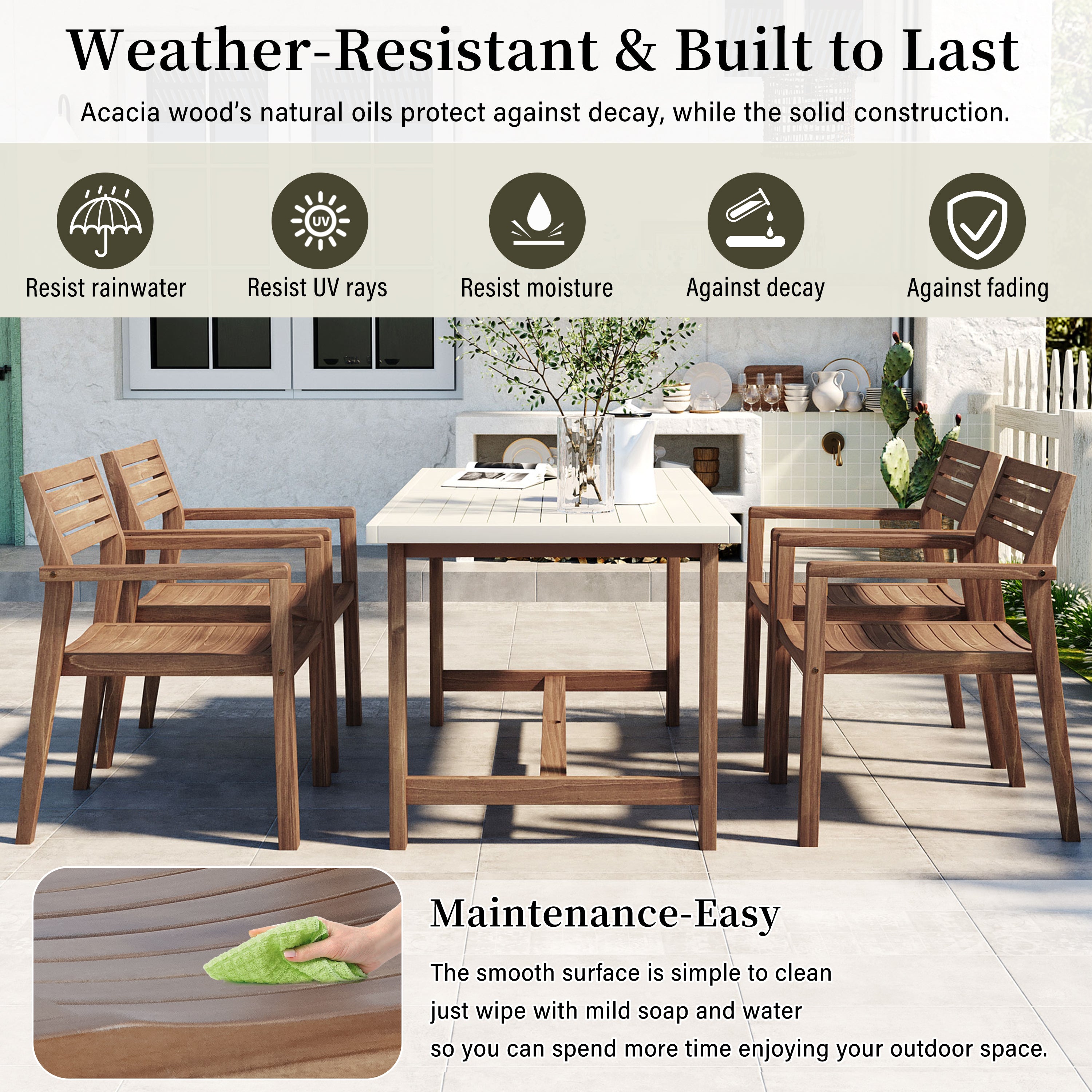 U_STYLE 5-Piece Outdoor Acacia Wood Outdoor Dining Set of 4,59.06-Inch Rectangular Table with Umbrella Hole,Suitable for Patio, Lawn, Garden, Poolside, & Indoor Use