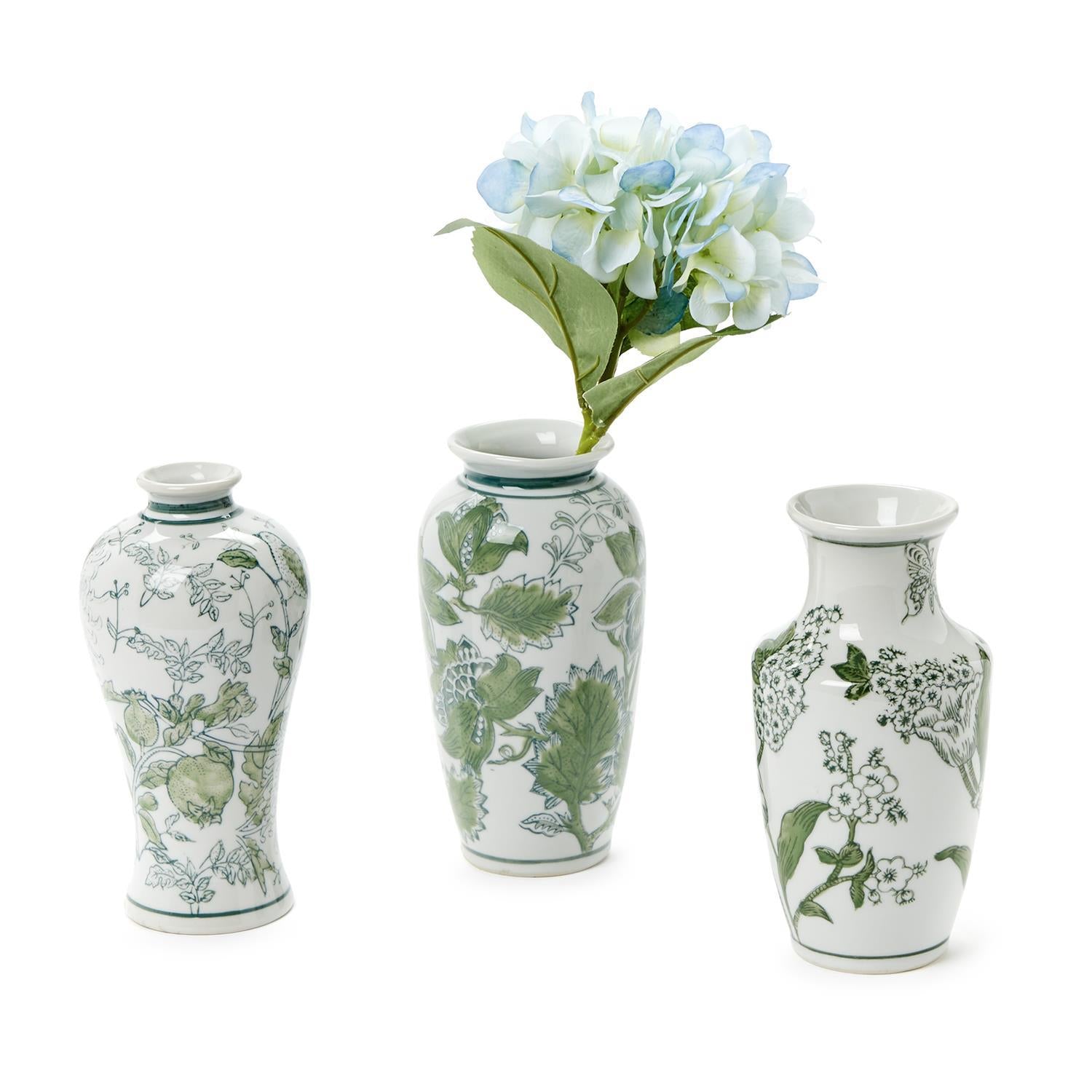 Primrose and Lotus Hand-Painted Green and White Chinoiserie Vases, Set of 3