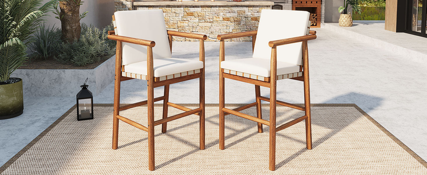 Modern Outdoor Patio Acacia Wooden Counter Height Bar Stools with Backrest Arm and Webbing Seat with Cushions, Set of 2