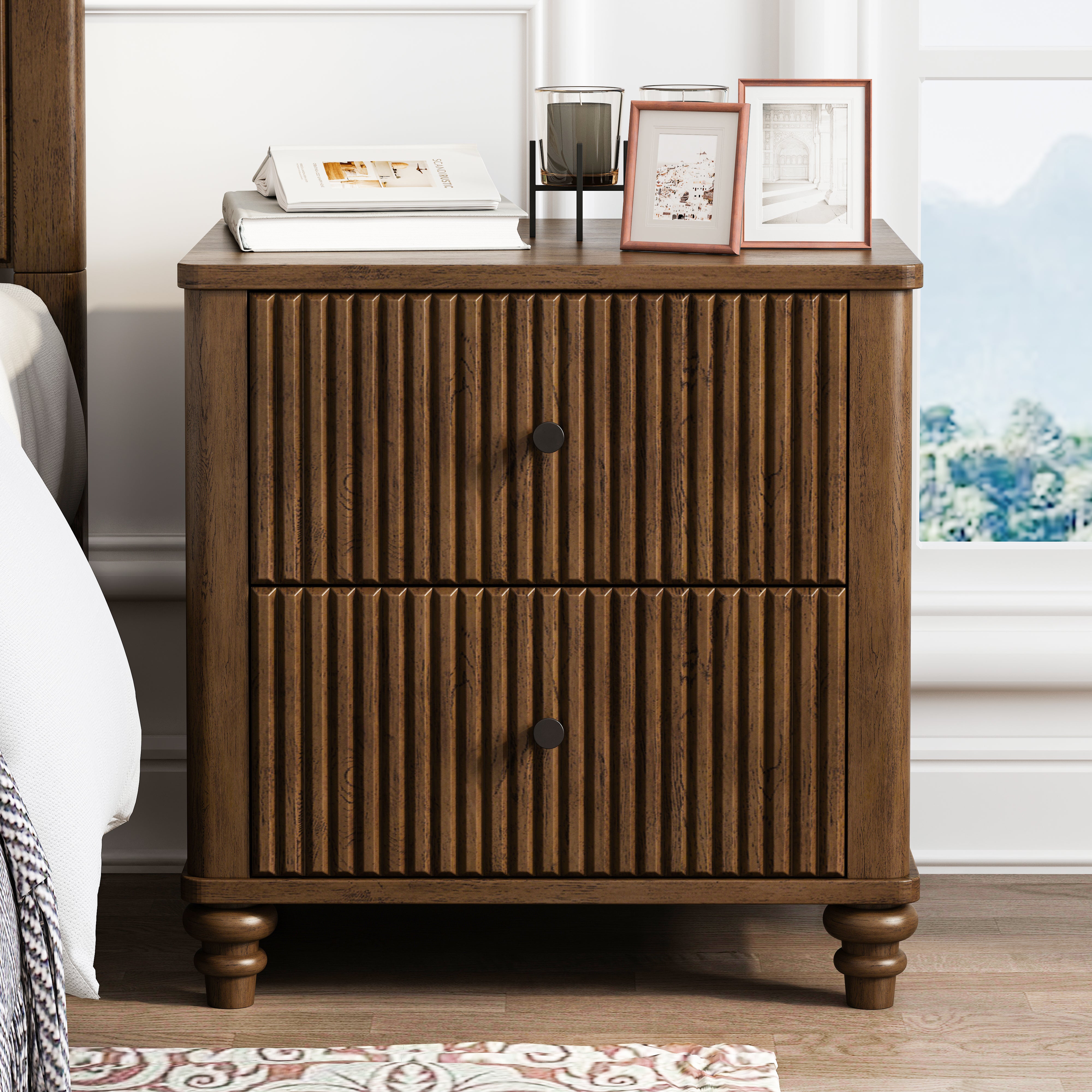 Fluted Nightstand with 3 Drawers
