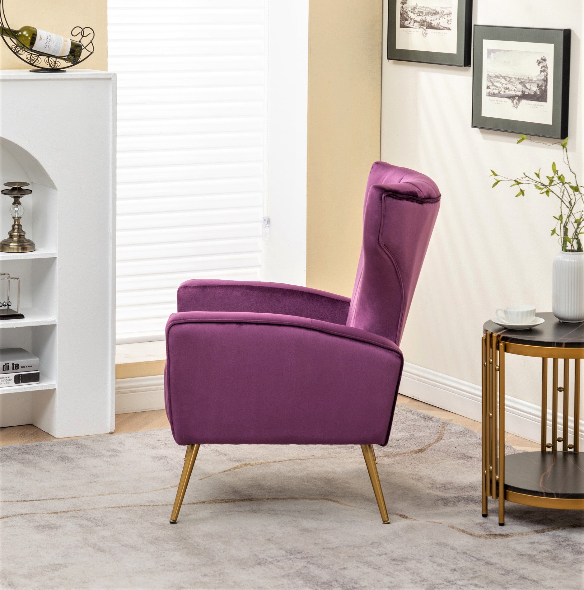 Velvet Accent Chair with Metal Legs, Modern Upholstered Armchair, Wingback Side Chair for Living Room Bedroom Small Spaces