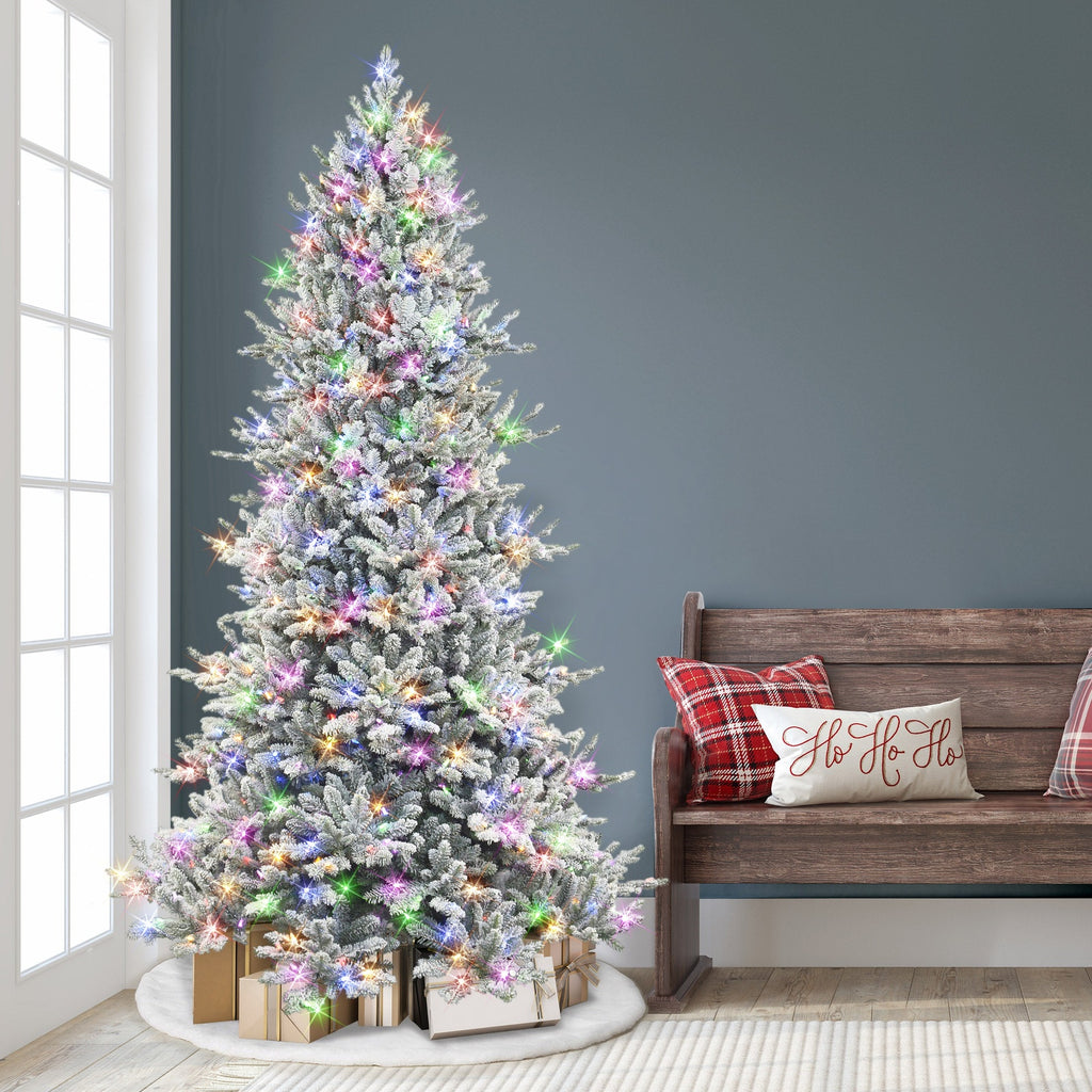 7.5 ft Pre-lit Flocked Royal Majestic Douglas Fir Downswept Artificial Christmas Tree with Sure-lit Pole®, Dual Color LED Lights & Metal Stand