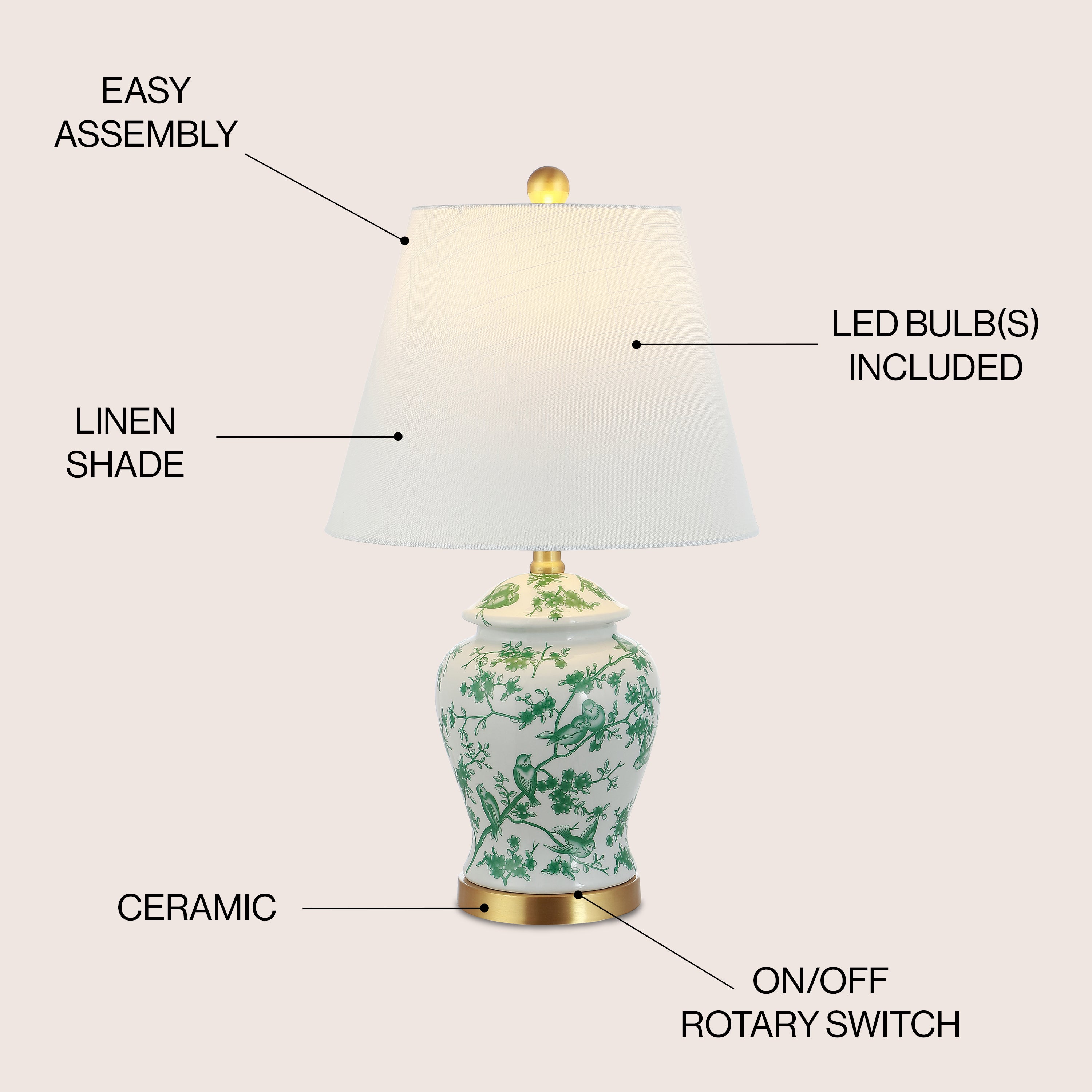 Penelope French Country Cottage Ceramic/Iron Chinoiserie Ginger Jar LED Table Lamp