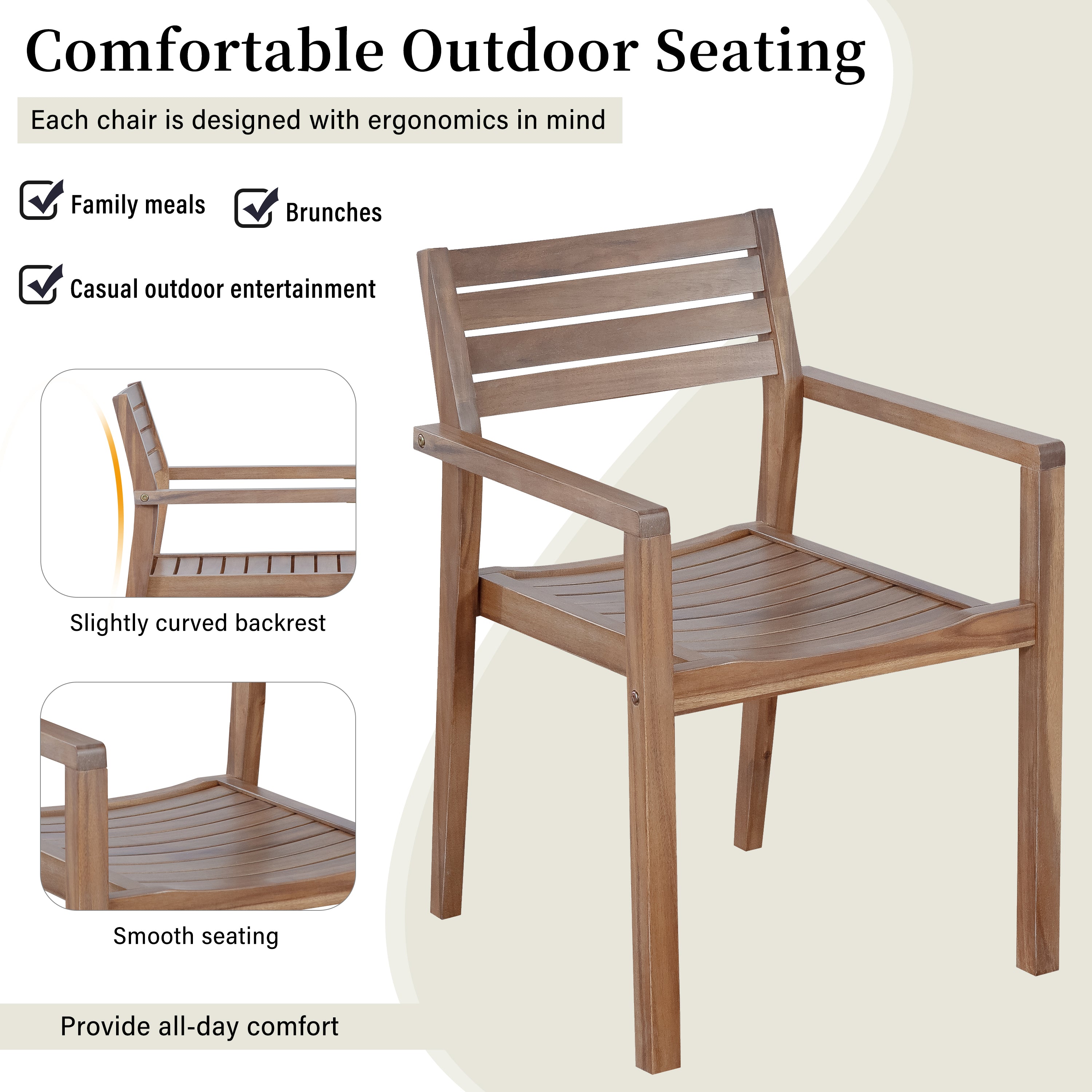 U_STYLE 5-Piece Outdoor Acacia Wood Outdoor Dining Set of 4,59.06-Inch Rectangular Table with Umbrella Hole,Suitable for Patio, Lawn, Garden, Poolside, & Indoor Use