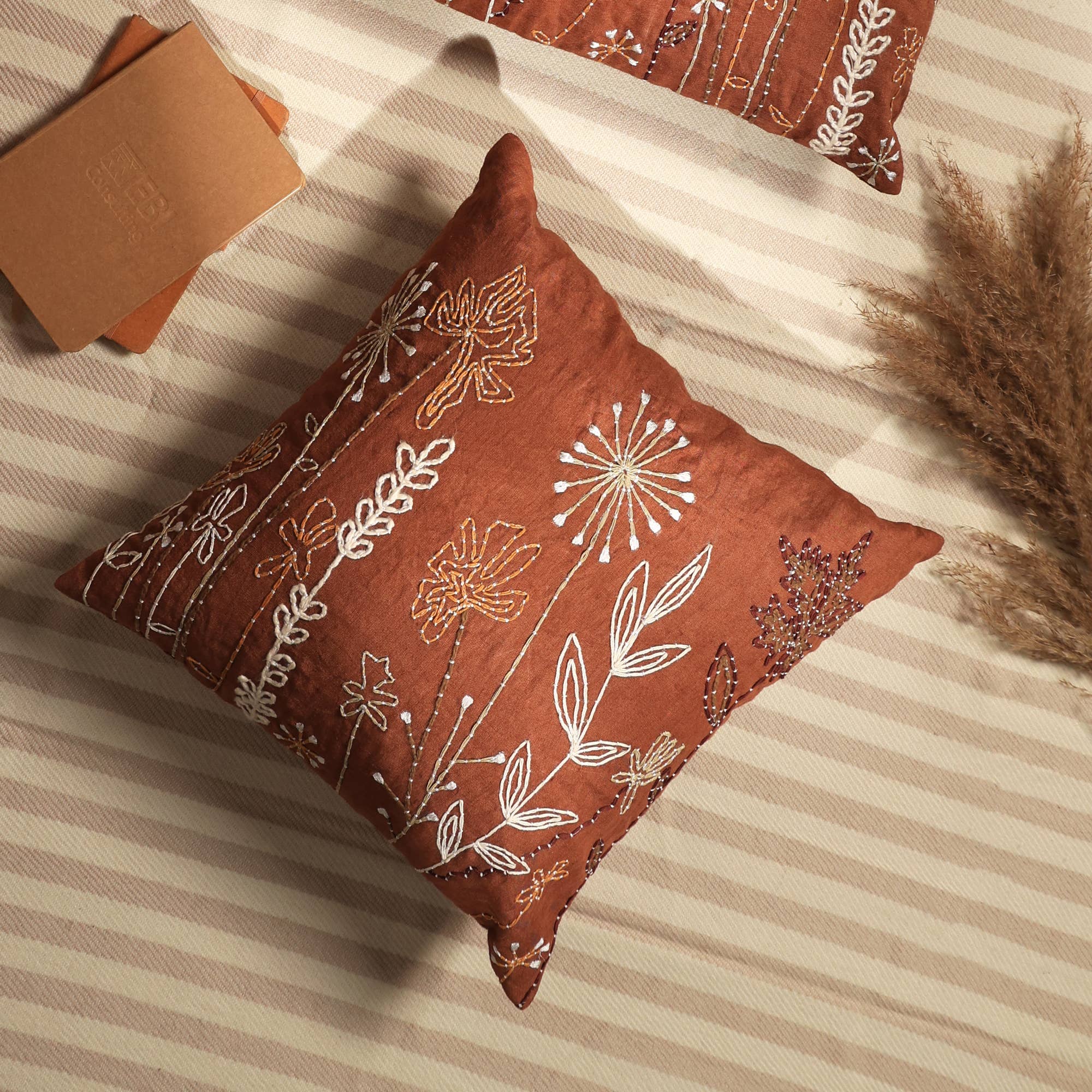 Linen Floral Embroidered Pillow