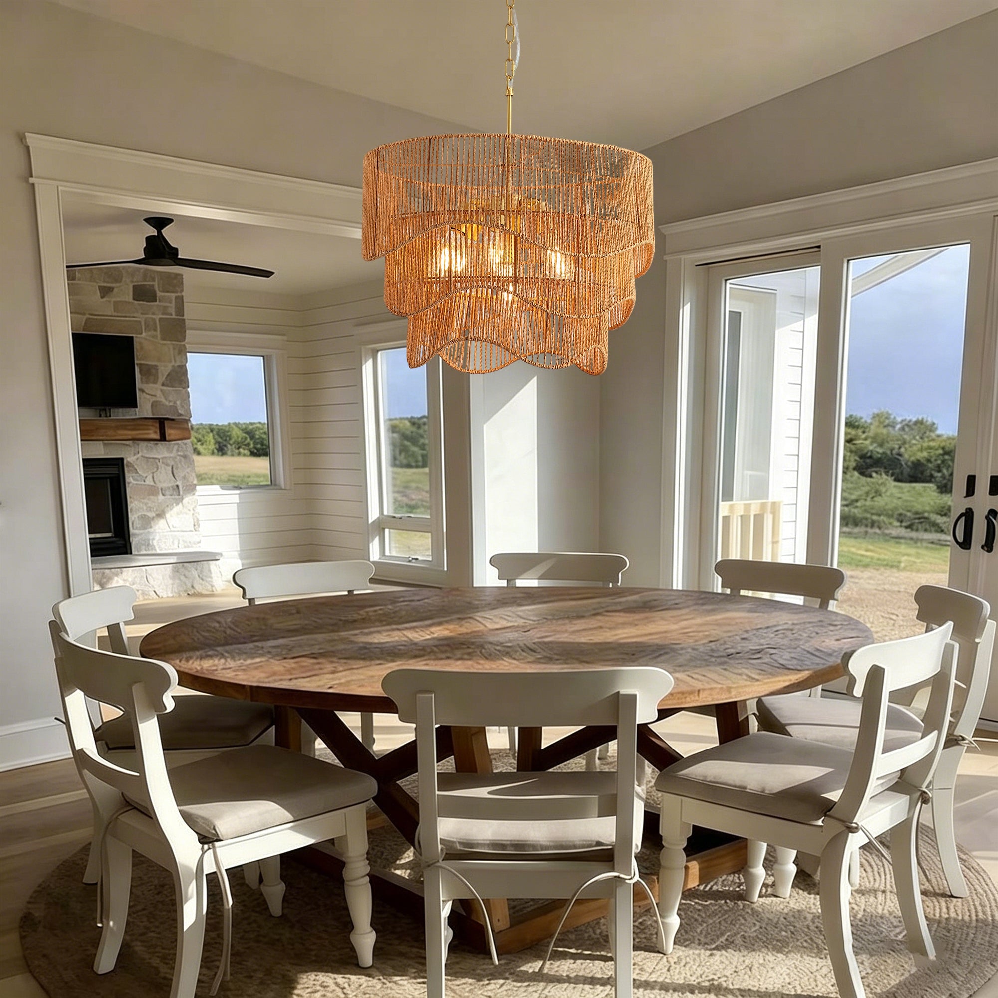Handwoven Rattan Boho Wave Pendant Chandelier with 7-Lights