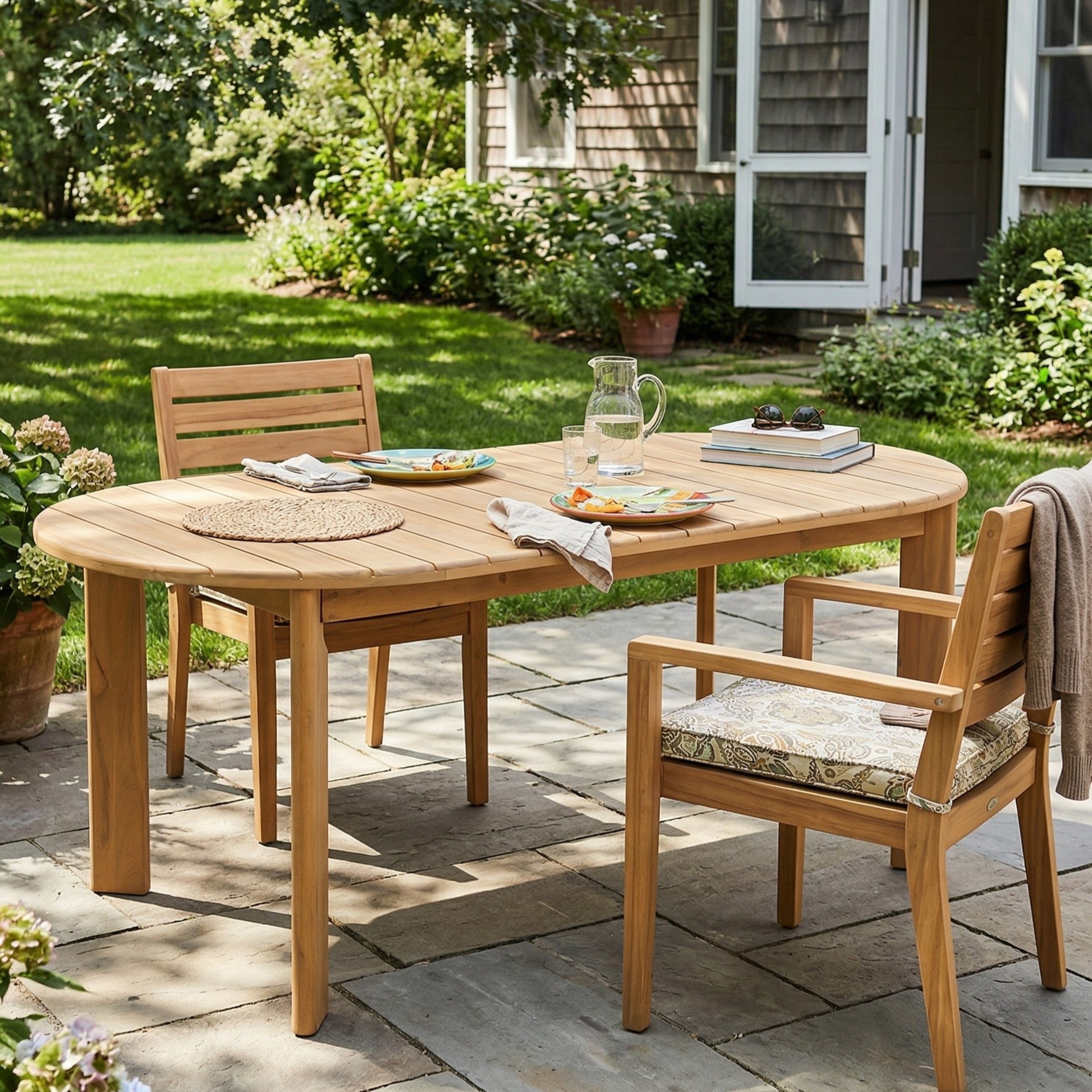 Woodside Oval Outdoor Dining Table with Light Teak Finish