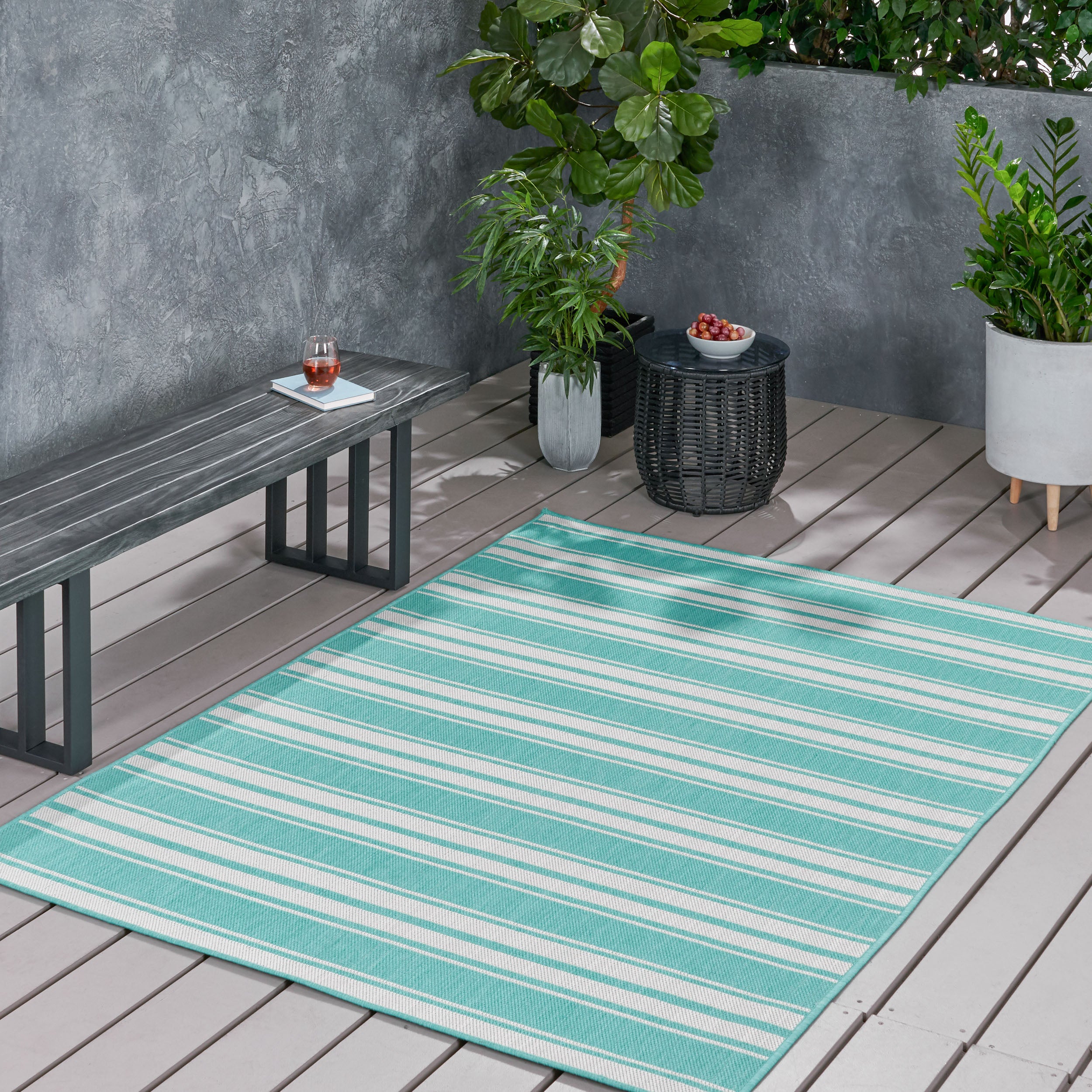 Calamity Teal Striped 63" x 84" Polypropylene Outdoor Area Rug