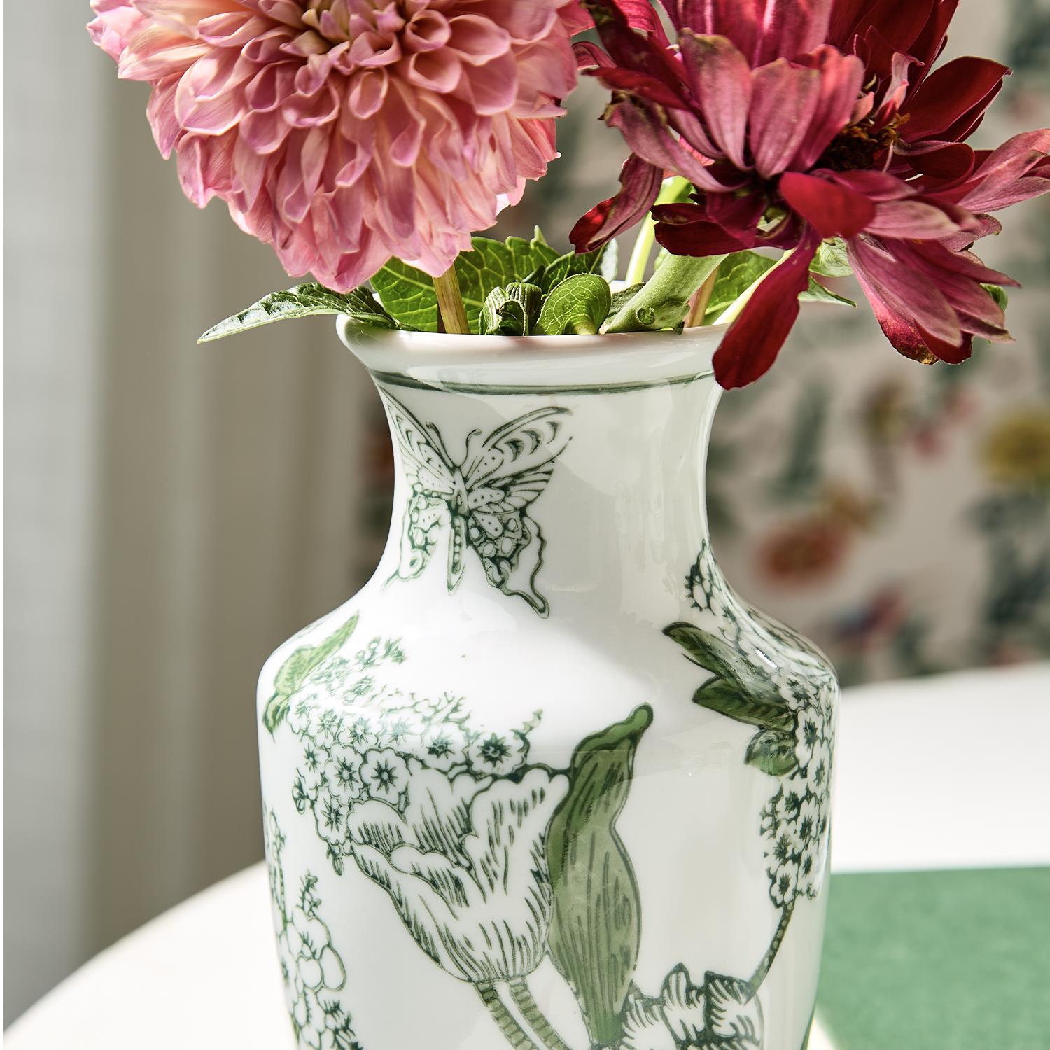 Primrose and Lotus Hand-Painted Green and White Chinoiserie Vases, Set of 3
