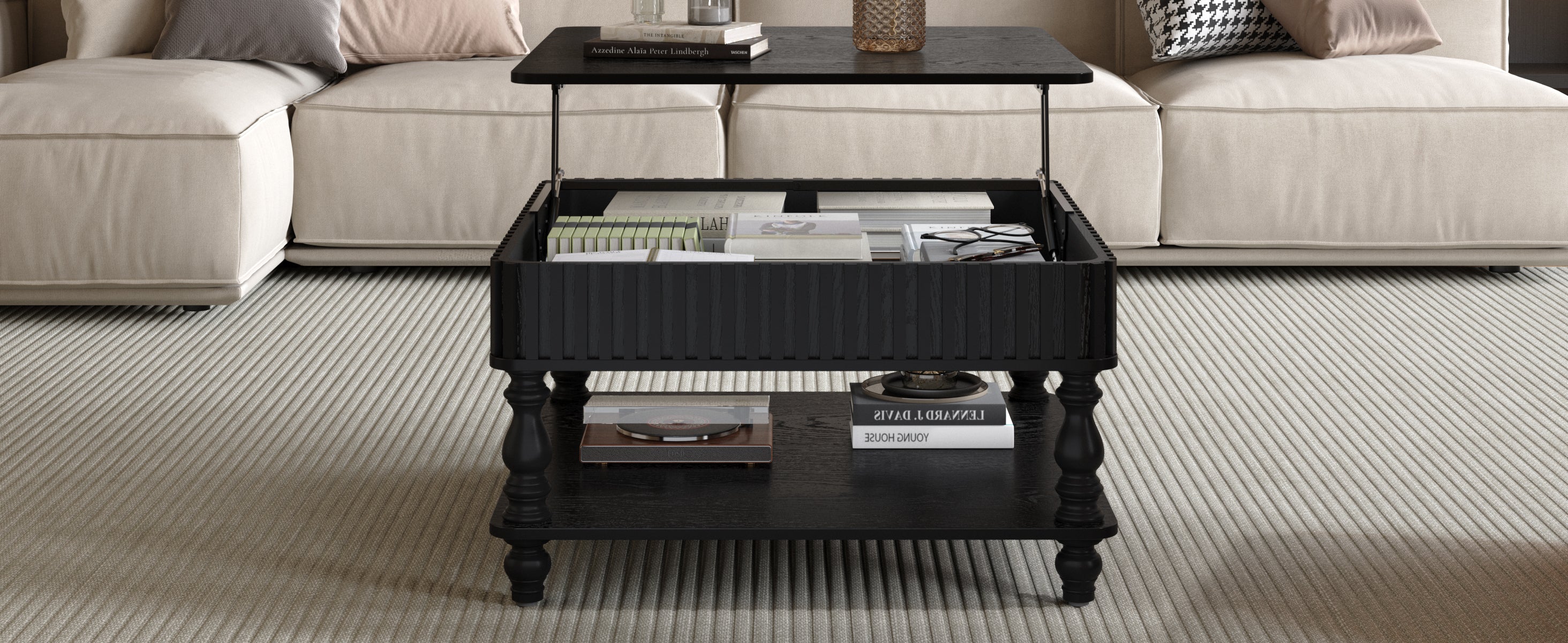 Square Fluted Lift-Top Coffee Table with Hidden & Open Storage