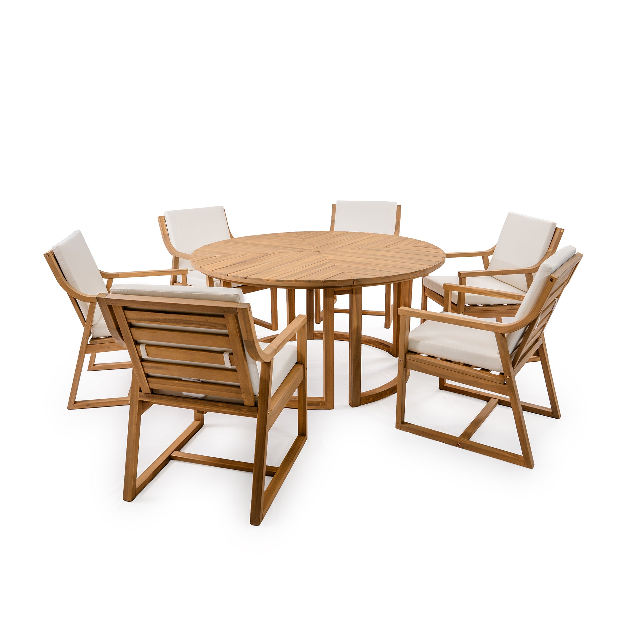 TREXM Patio Dining Table Set for 6, Round Dining Table with 1.96" Umbrella Hole, Outdoor Wooden Patio Furniture Set with Removable Cushions for Garden, Backyard and Pools (Light Teak+Beige Cushion)