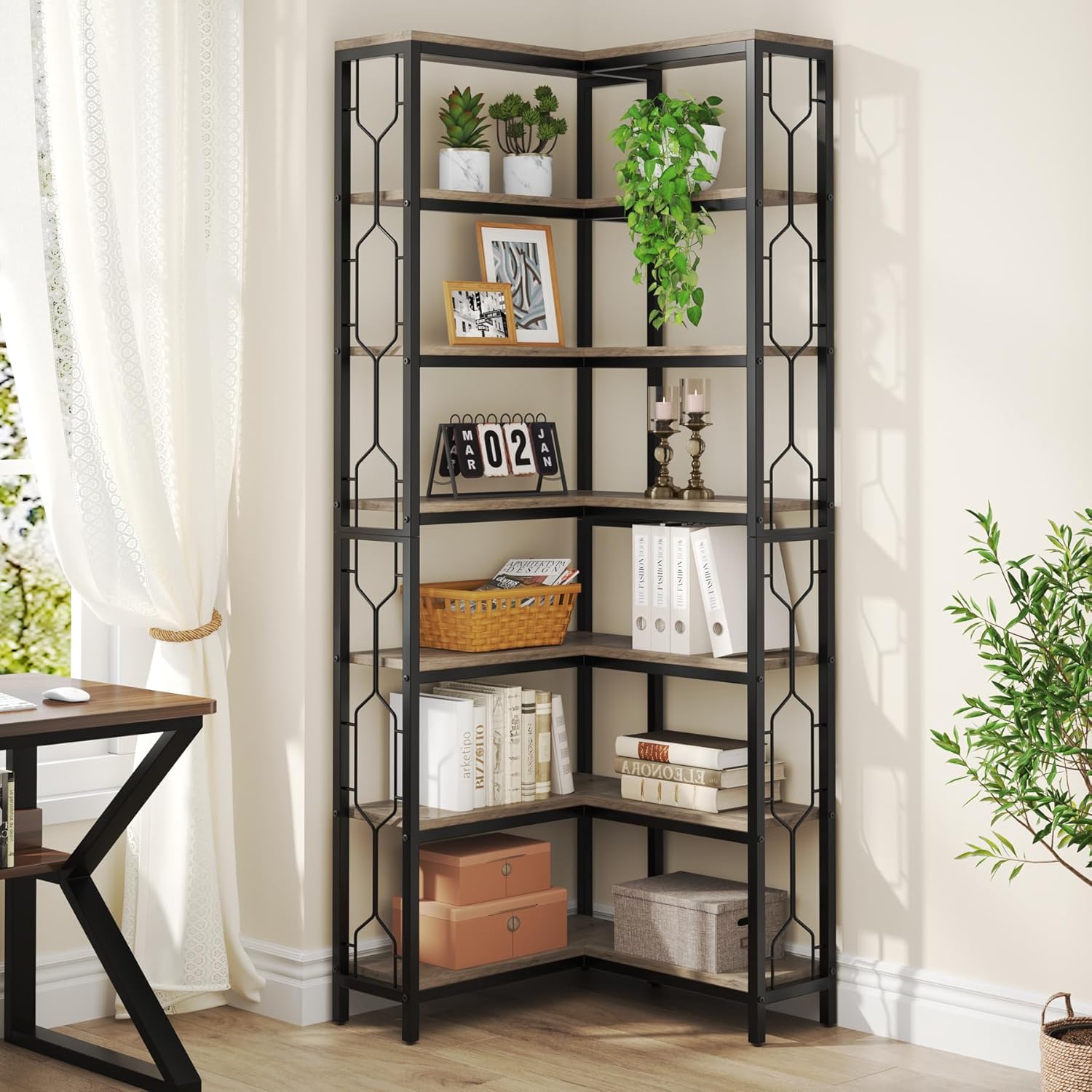 7-Tier Industrial Corner Bookshelf with Metal Frame