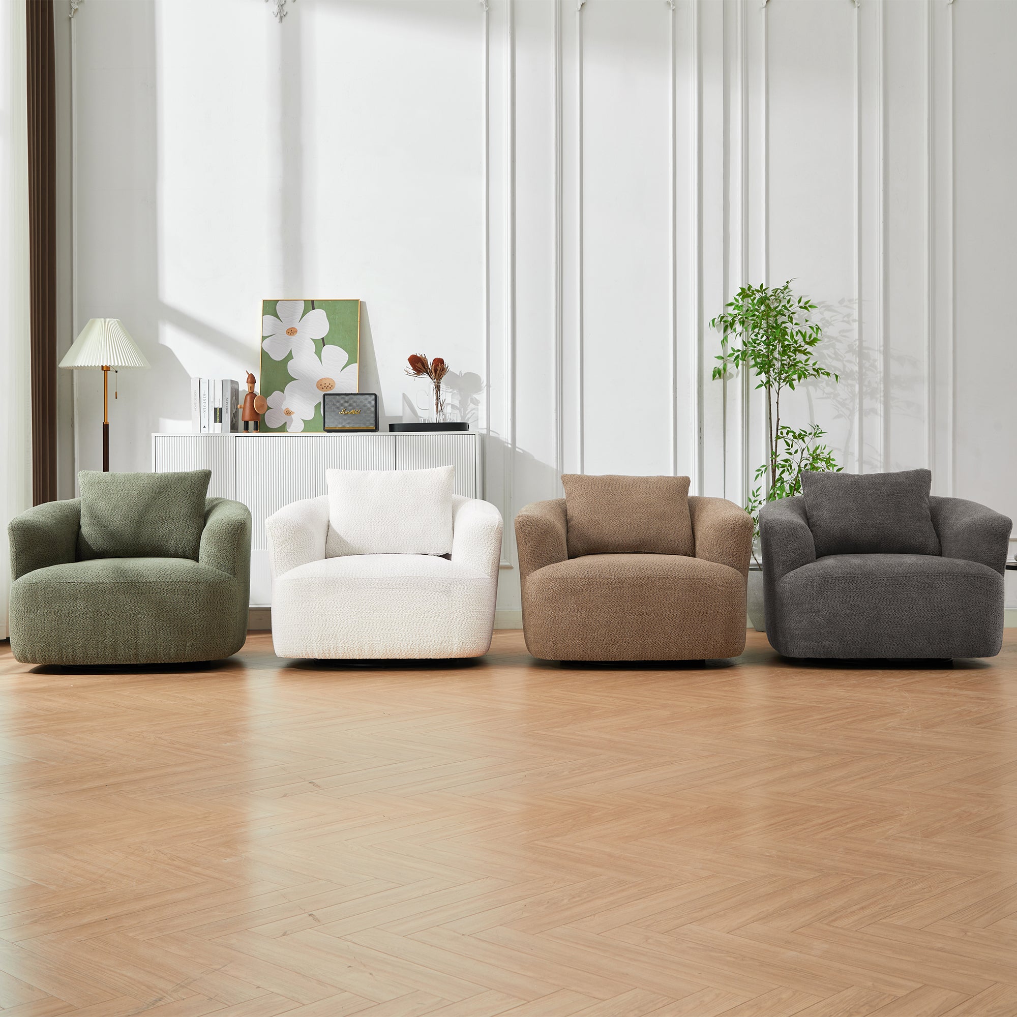 360° Swivel Barrel Chenille Upholstered Accent Chair with Throw Pillow