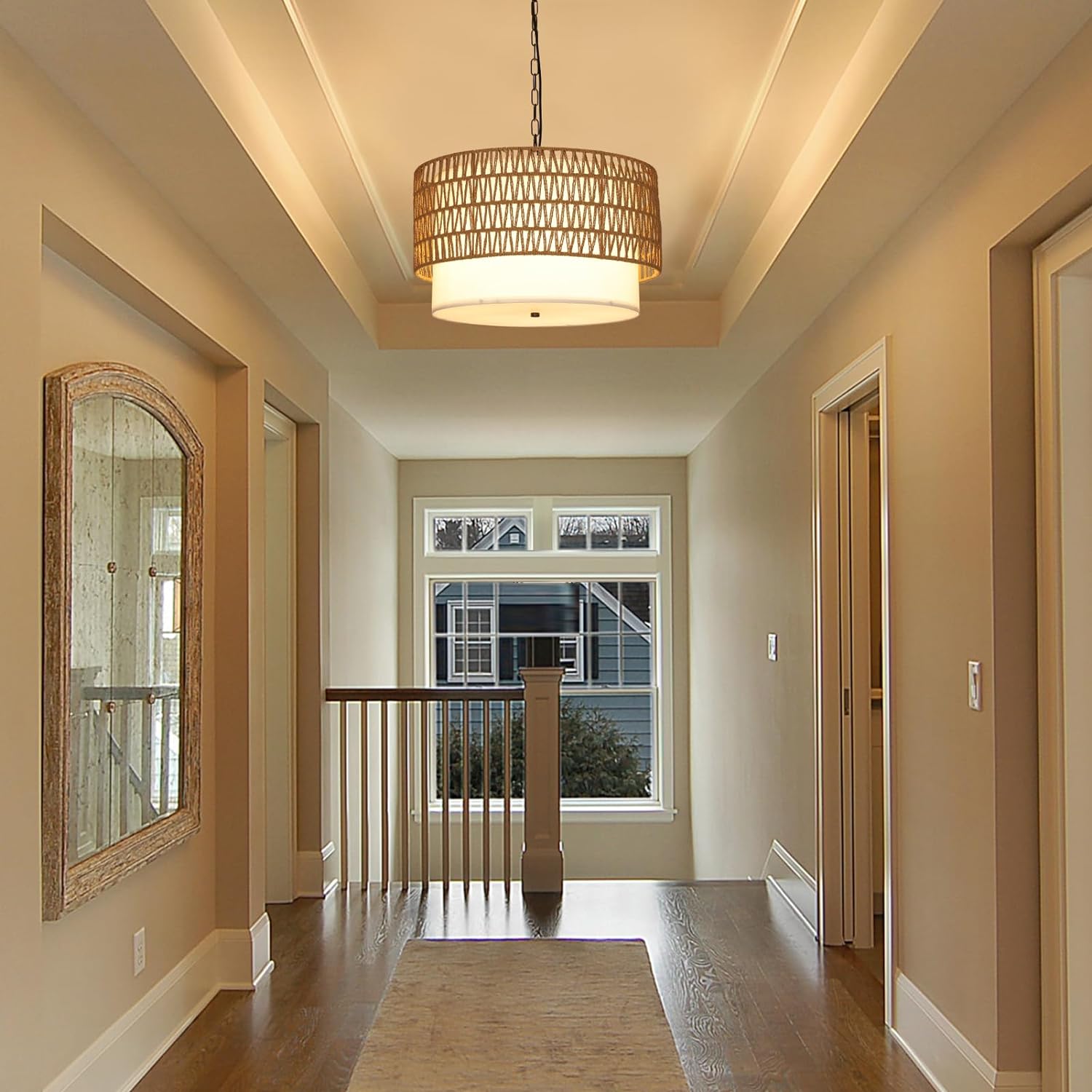 5-Light Rattan Chandelier with Fabric Shade and Adjustable Height